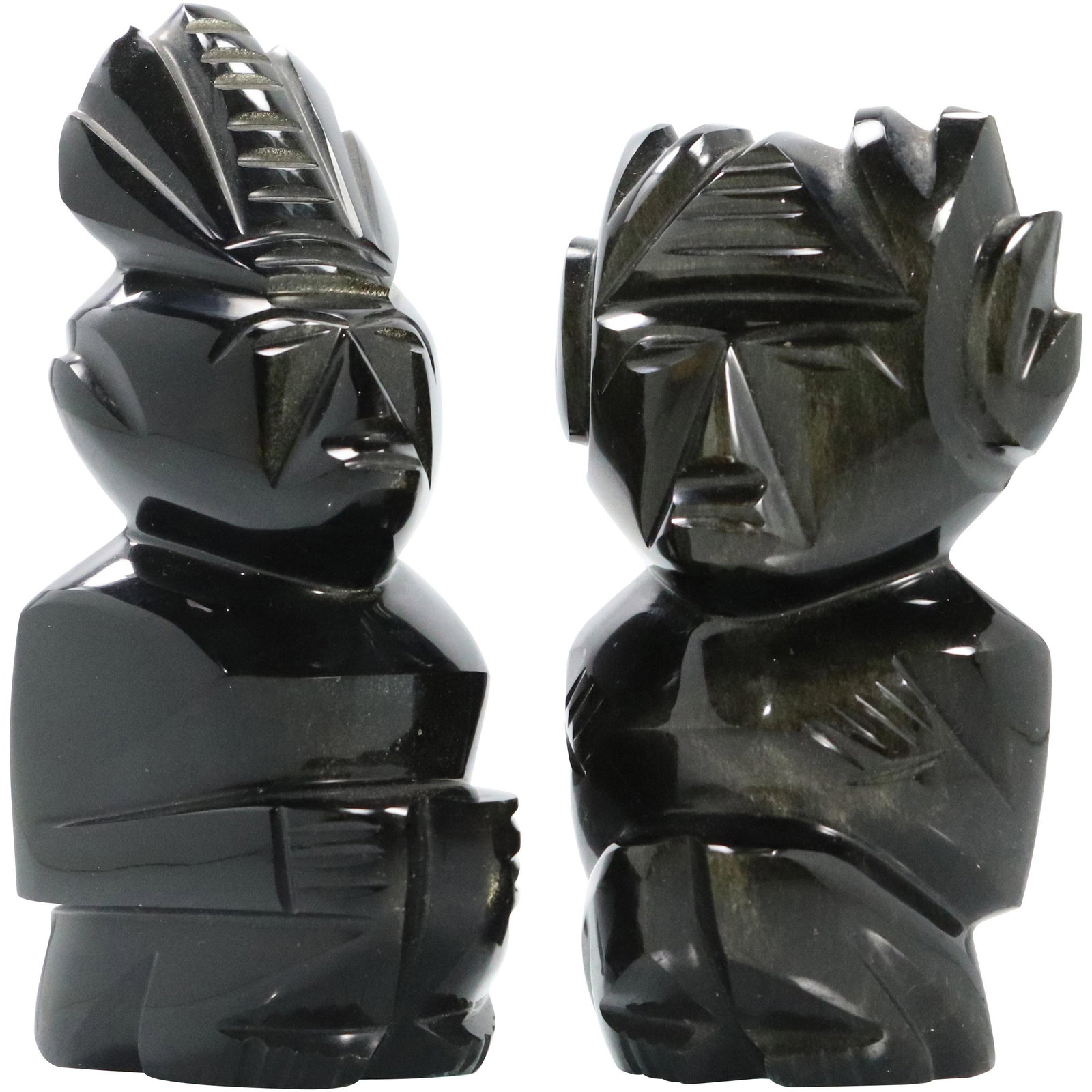 [2] Polished Black Glass Mayan Figures: [2] Polished Black Glass Mayan Figures. Size: 3.75h x 2.25w, 4.25h x 2w