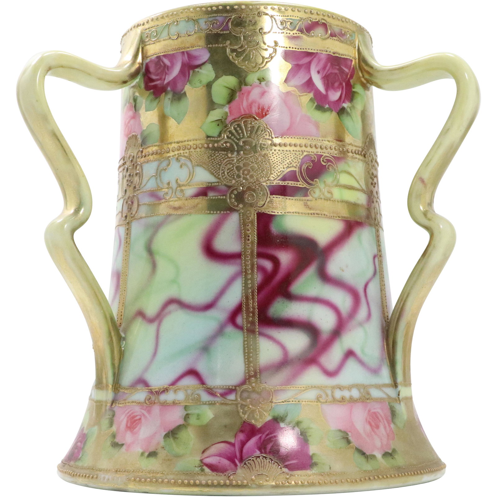 3-Handles Porcelain Vase Hand Paint Roses, Heavy Gold: 3-Handles Porcelain Vase Hand Paint Roses, Heavy Gold decoration. Style of Nippon, circa 1920. Vintage. Size: 9h x 9w
