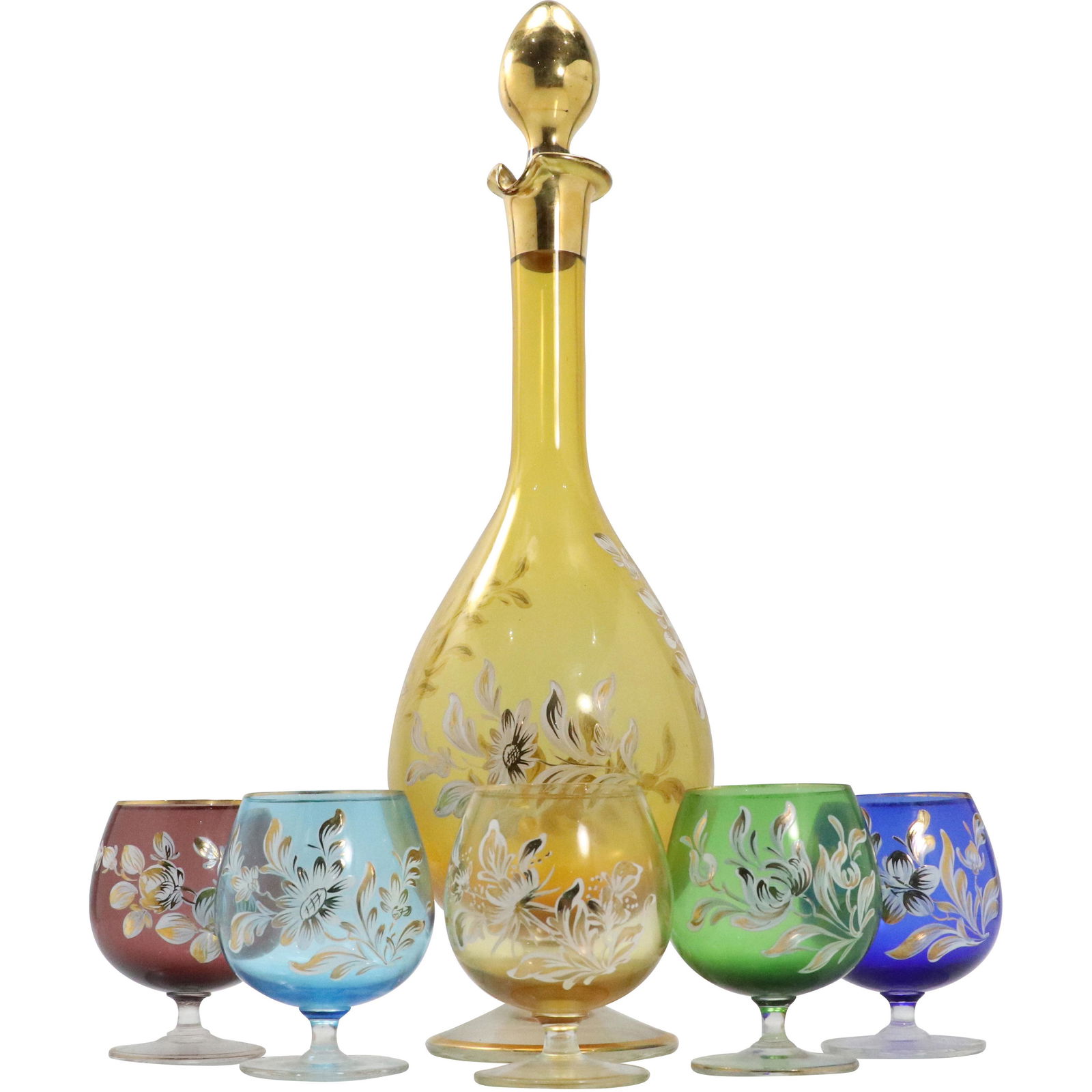 Italian Multi Colored Glass Liquor Decanter, 4 Cordials (1 of 9)