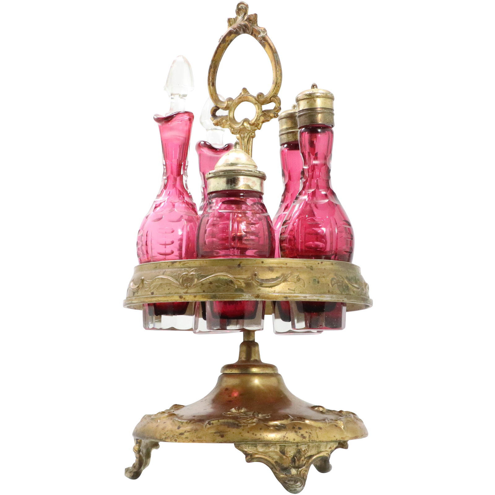 Victorian Cranberry Glass Bottles Castor Set in Holder (1 of 11)