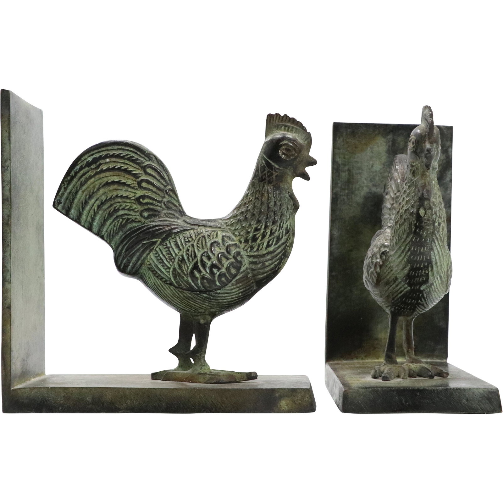 Bronze Rooster Figure Bookends Verde Green Patina: Bronze Rooster Figure Bookends Verde Green Patina. Size: 5.5h x 5.25L