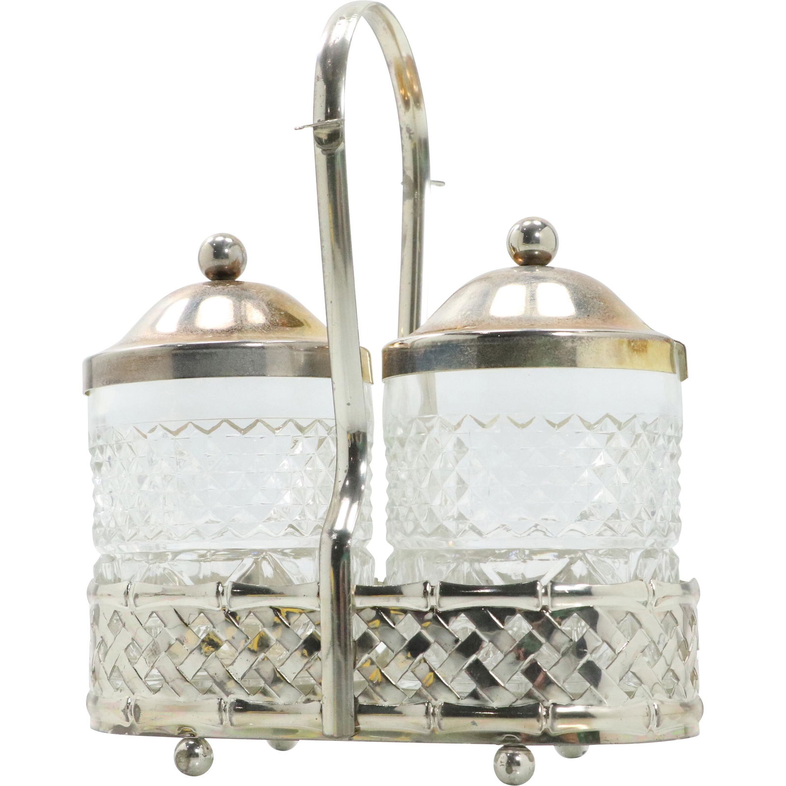 2 Crystal Glass Condiment Jars in Silver Plate Holder (1 of 7)