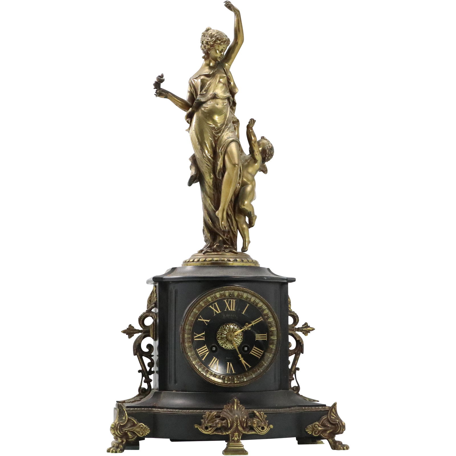 French Victorian Black Marble Mantle Clock Bronze Woman (1 of 13)