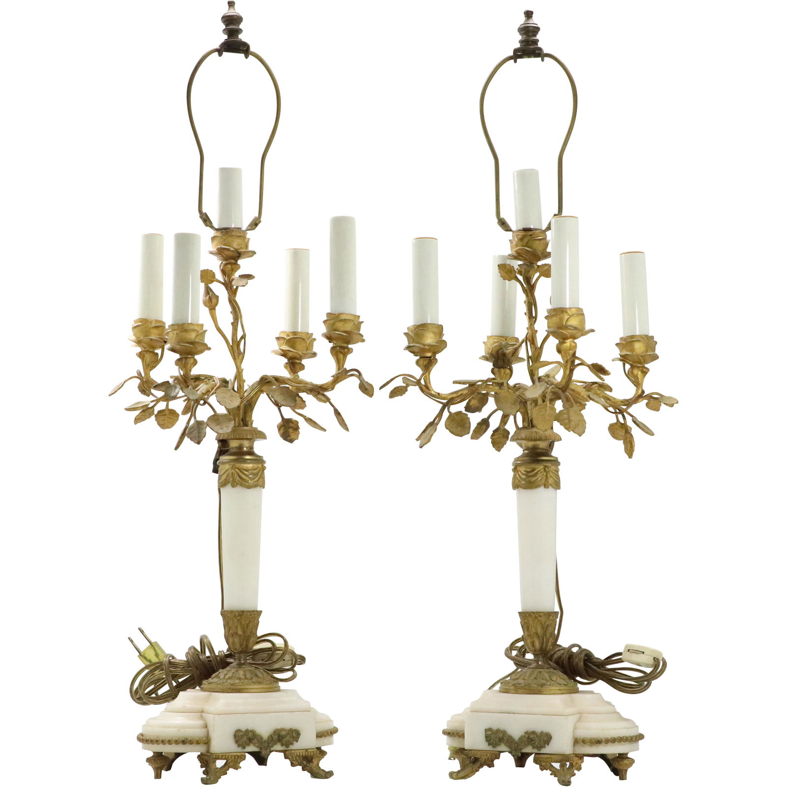 Pair 19th C. French Bronze & Marble Candelabrum Lamps (1 of 10)
