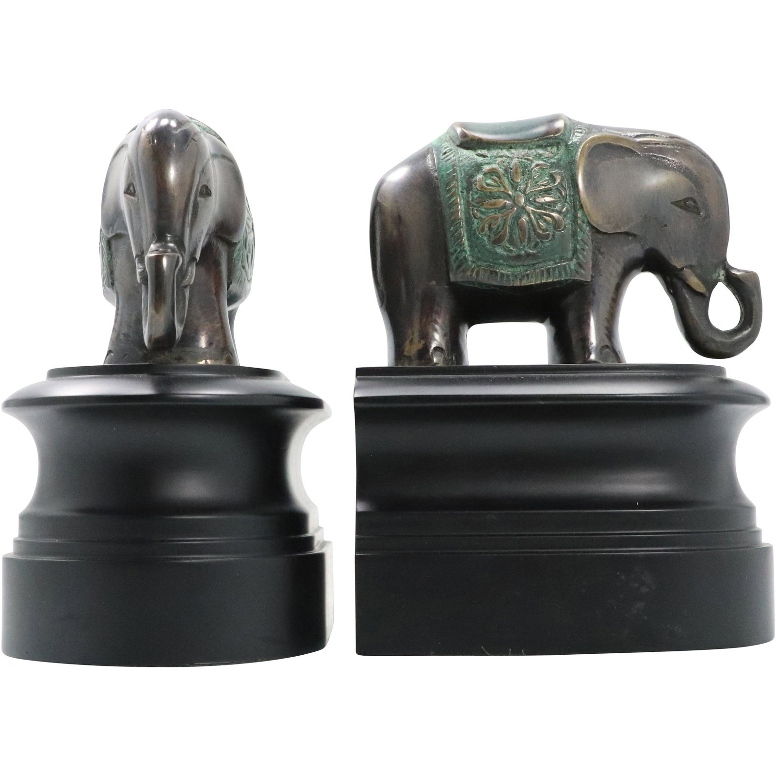 Bronze Elephant Figure Bookends in Verde Green Patina: Bronze Elephant Figure Bookends in Verde Green Patina. Size: 6.5h x 5.25w
