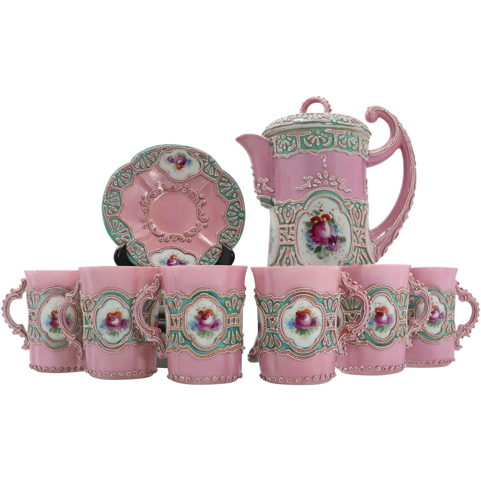 13 Pc. Pink MORIAGE Chocolate Pot, 6 Cups, 6 Saucers (1 of 10)