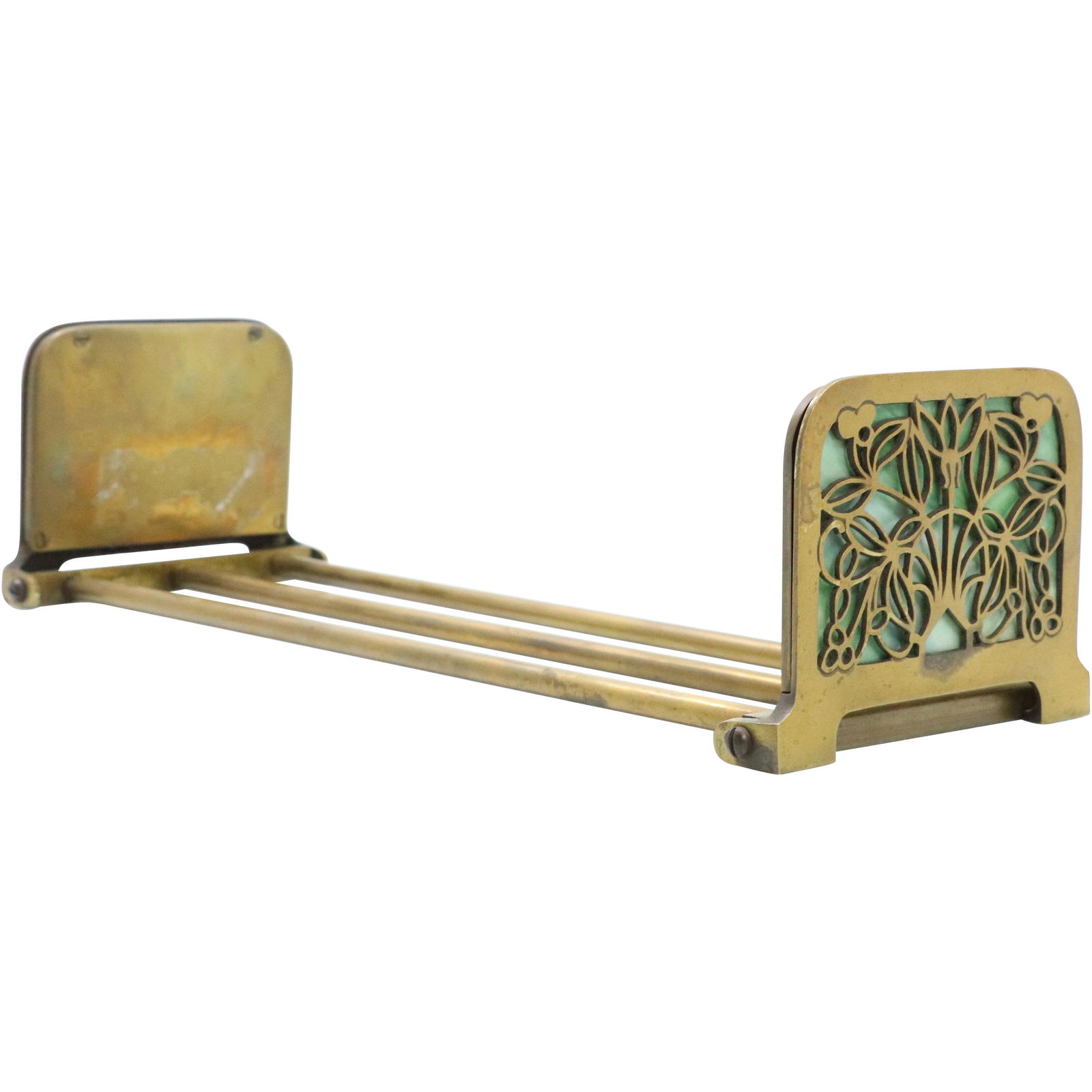 Arts & Crafts Brass Retractable Book Holder Green Slag (1 of 5)