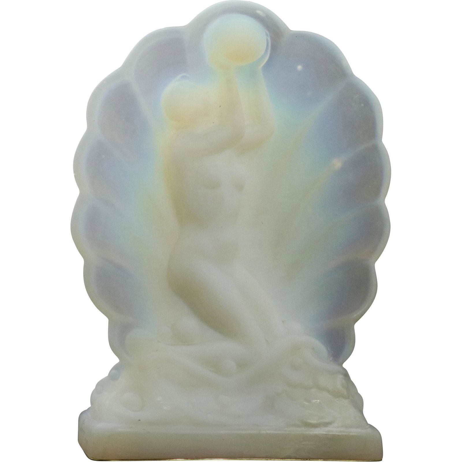 Sabino Opalescent Glass Nude Holding Ball Shell Sculpt: Sabino Opalescent Glass Nude Holding Ball Shell Sculpture. Art Deco Size: 9.25h x 6.75l x 2.75w inches