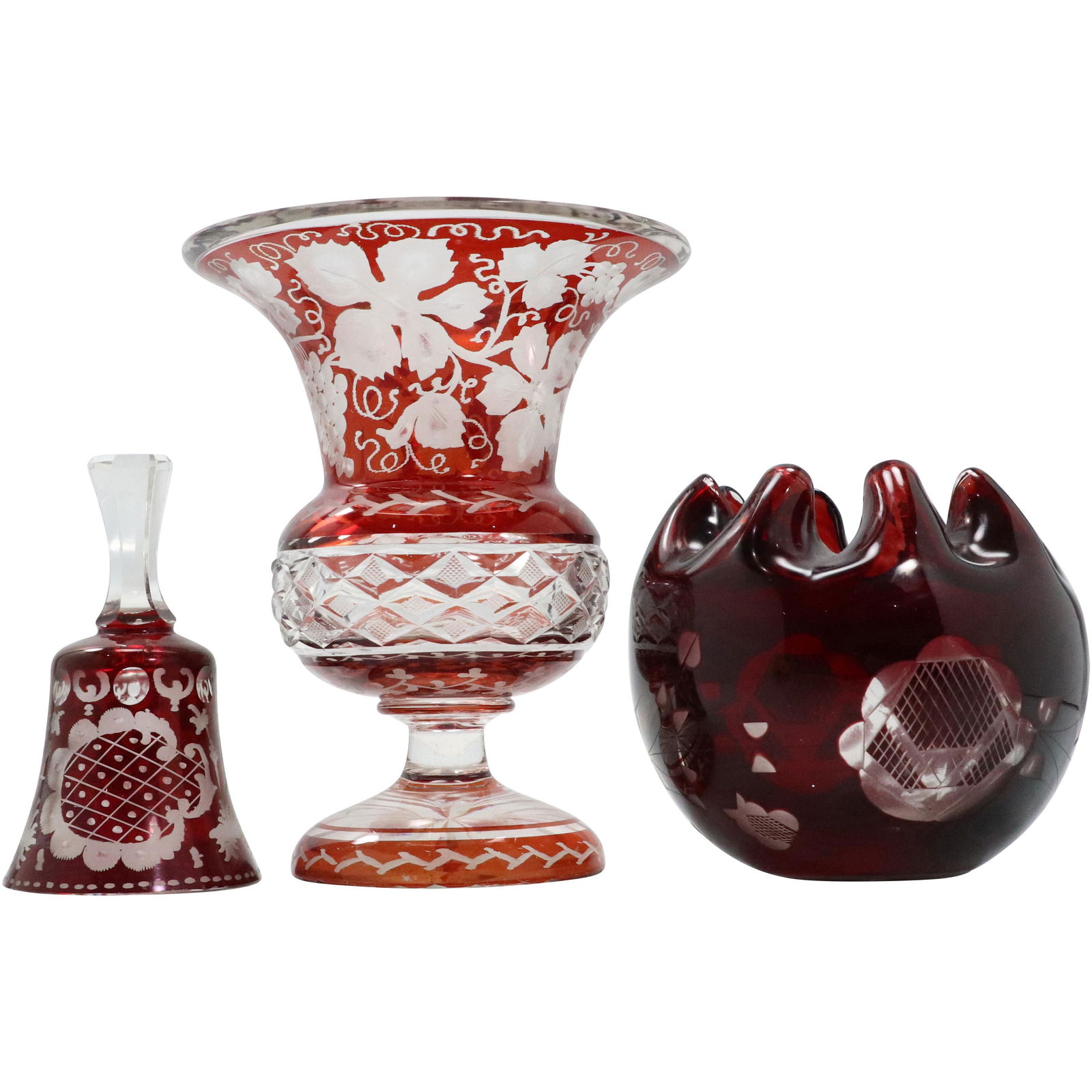 3 Assorted Bohemian Red Cut to Clear 2 Vases and Bell (1 of 12)