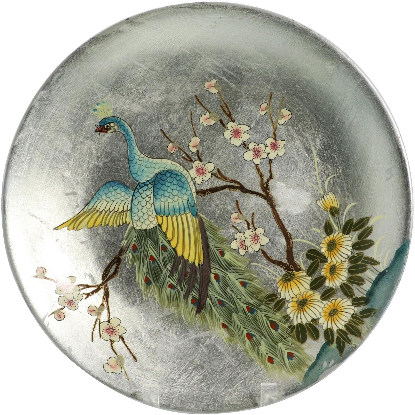 Signed Chinese Porcelain Charger Peacock on Branch (1 of 9)