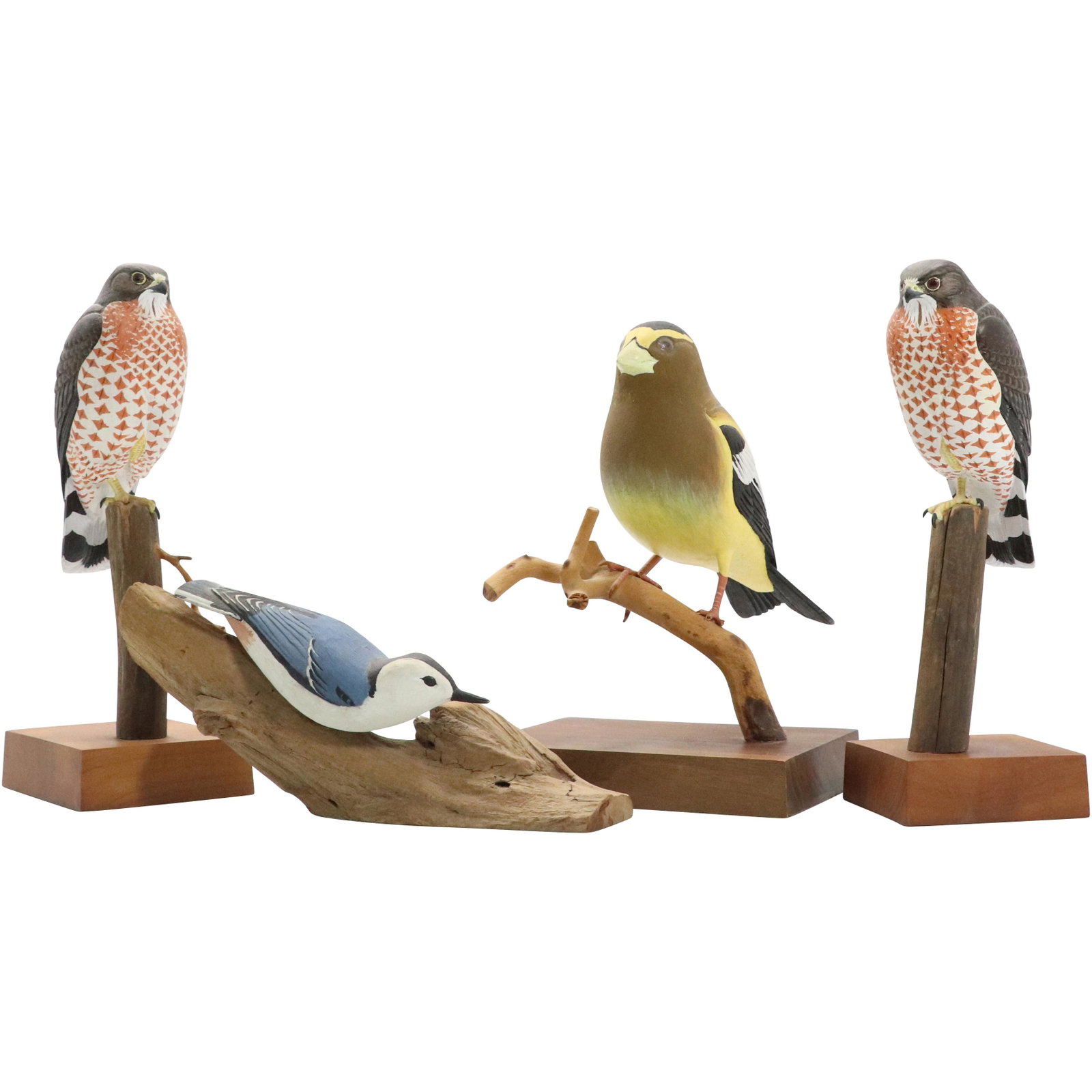 4 Carved Wood Bird Sculptures: M. Kolvek, Darwin Palmer: 4 Carved Wood Bird Sculptures: M. Kolvek, Darwin B Palmer, signed on bases. Size: 3.5-8.5h range