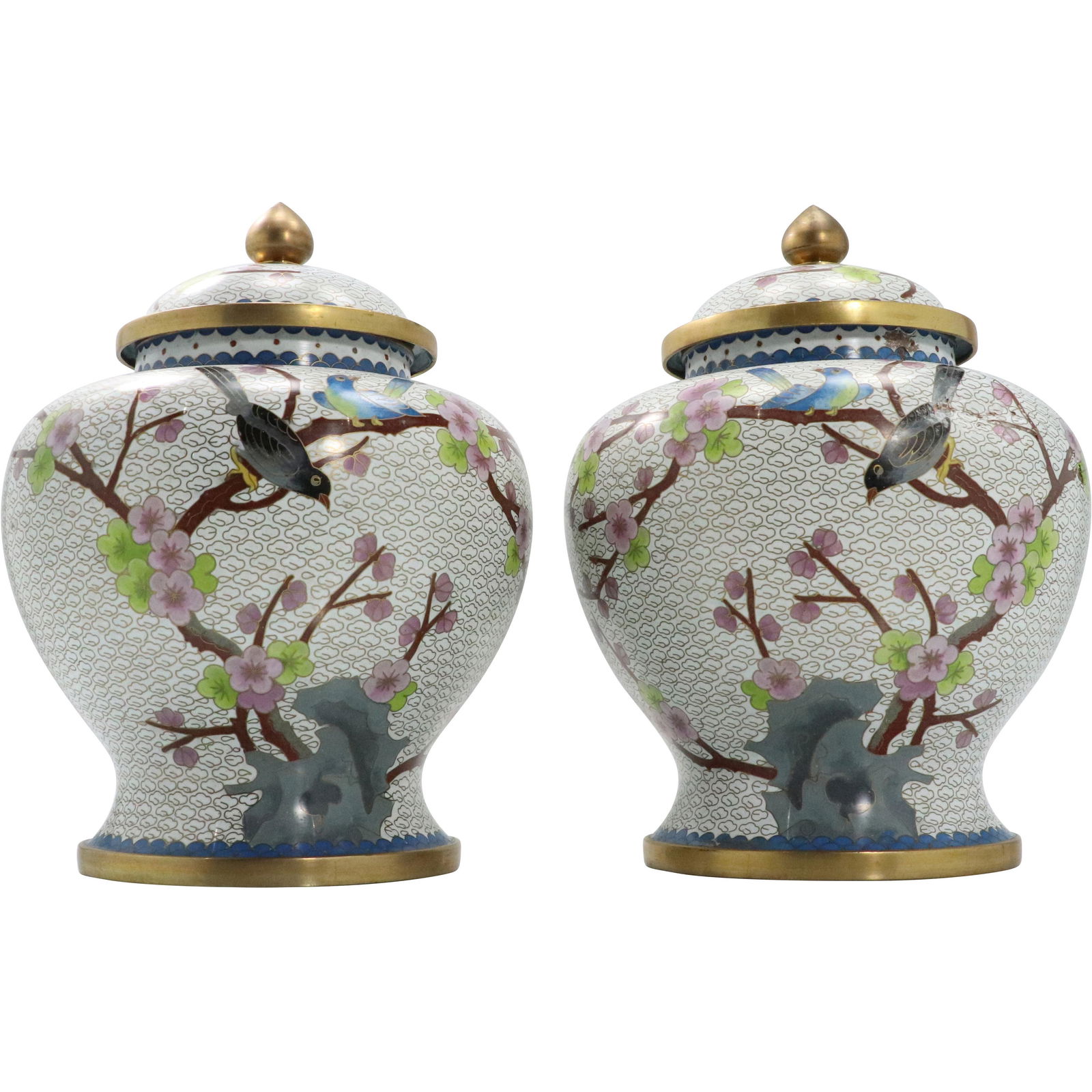 [2] Oriental Cloisonne Covered Urns, Birds on Branches (1 of 8)