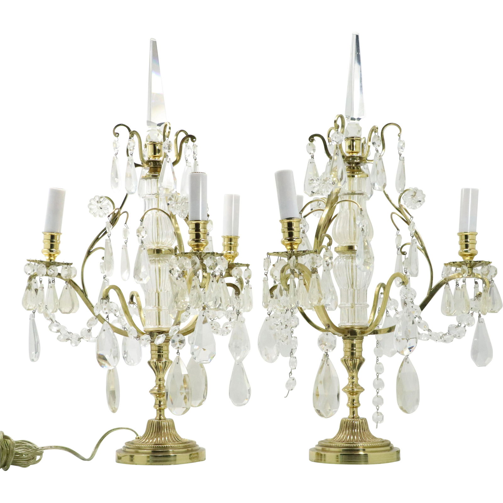 Pair Brass and Crystal Prisms "Fountain" Candelabrums (1 of 10)