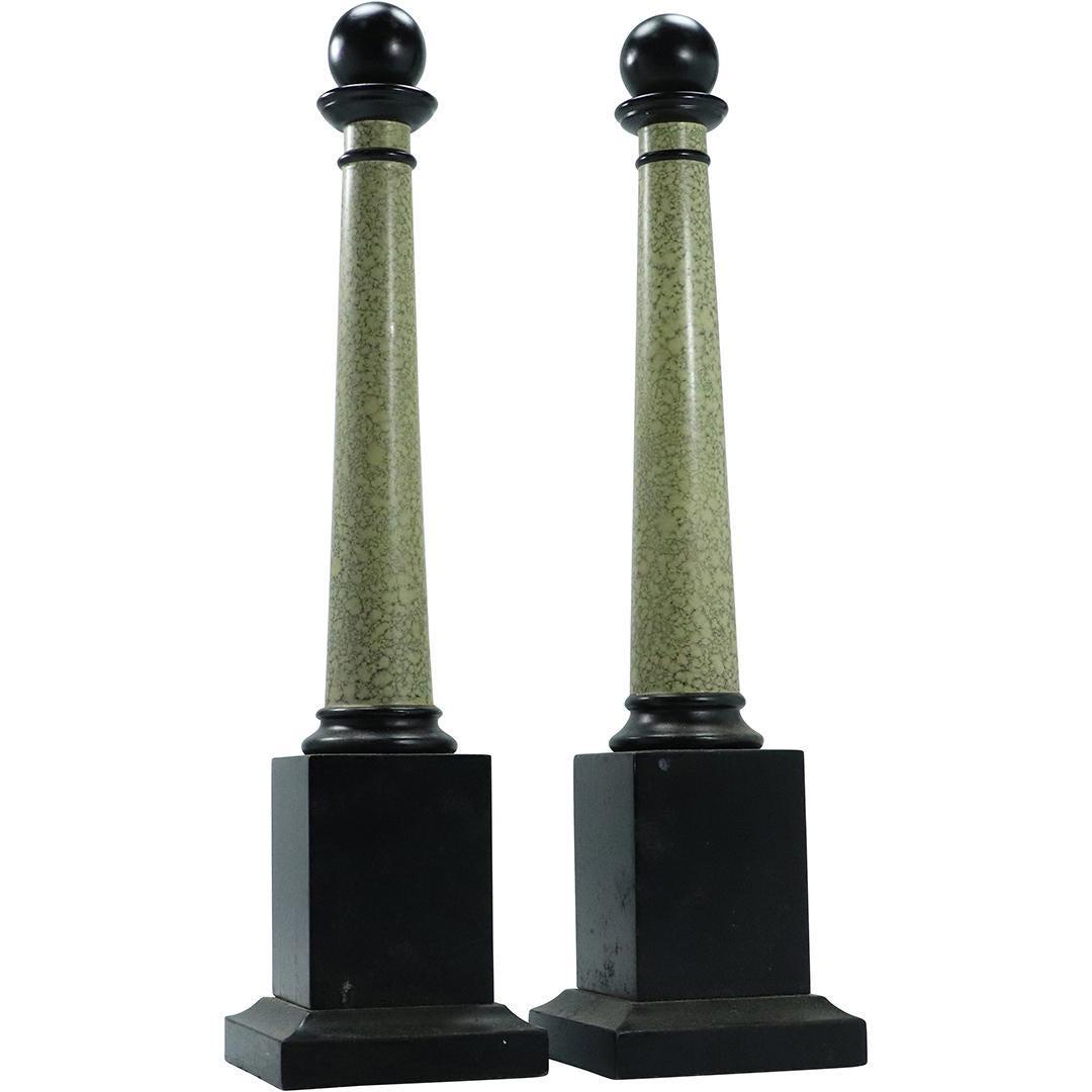 Pair Wooden Obelisk Garnitures: Pair Wooden Obelisk Garnitures, original patina finish. Size: 17.5h x 4.25w