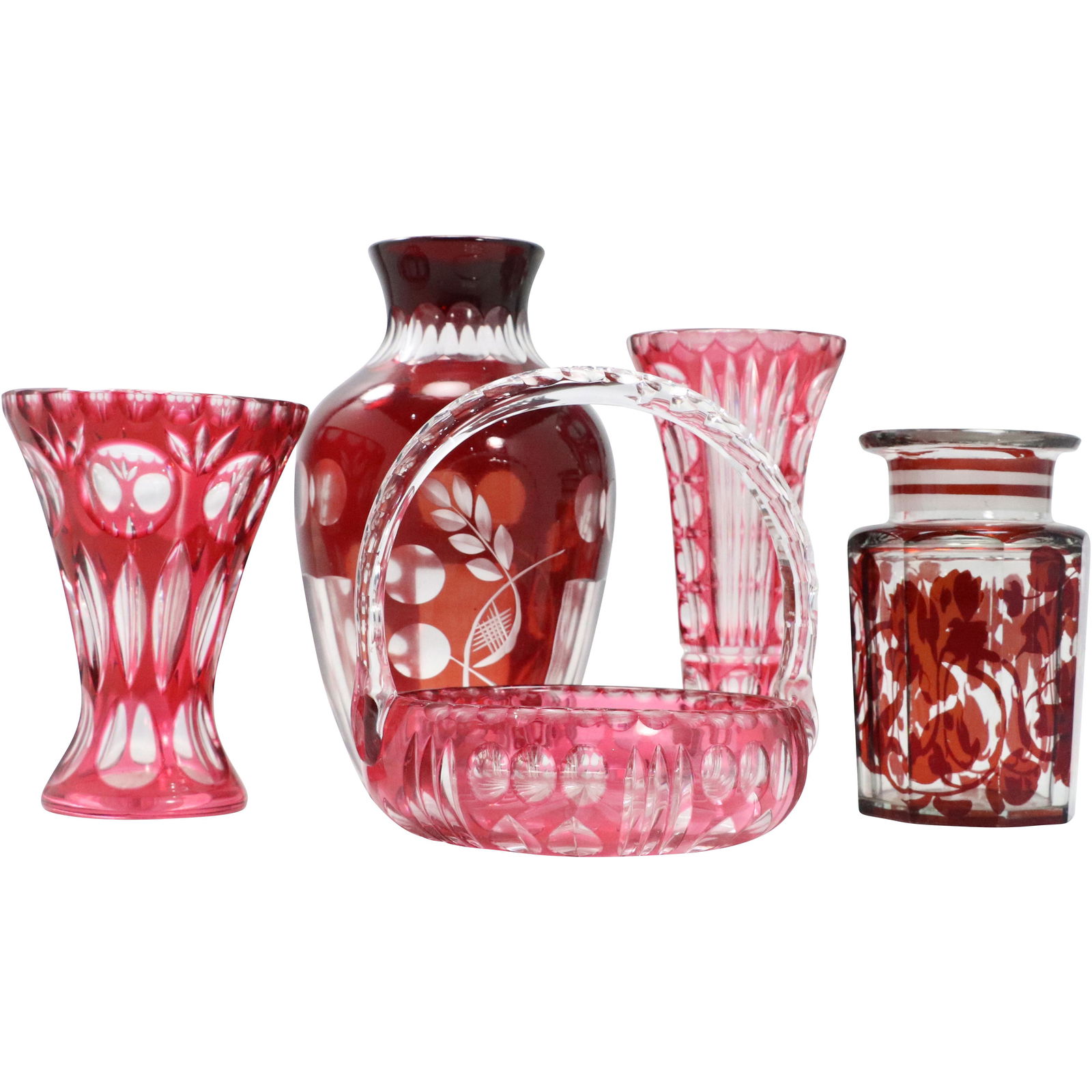 5 Assorted Bohemian Red to Clear Vases, Basket (1 of 10)