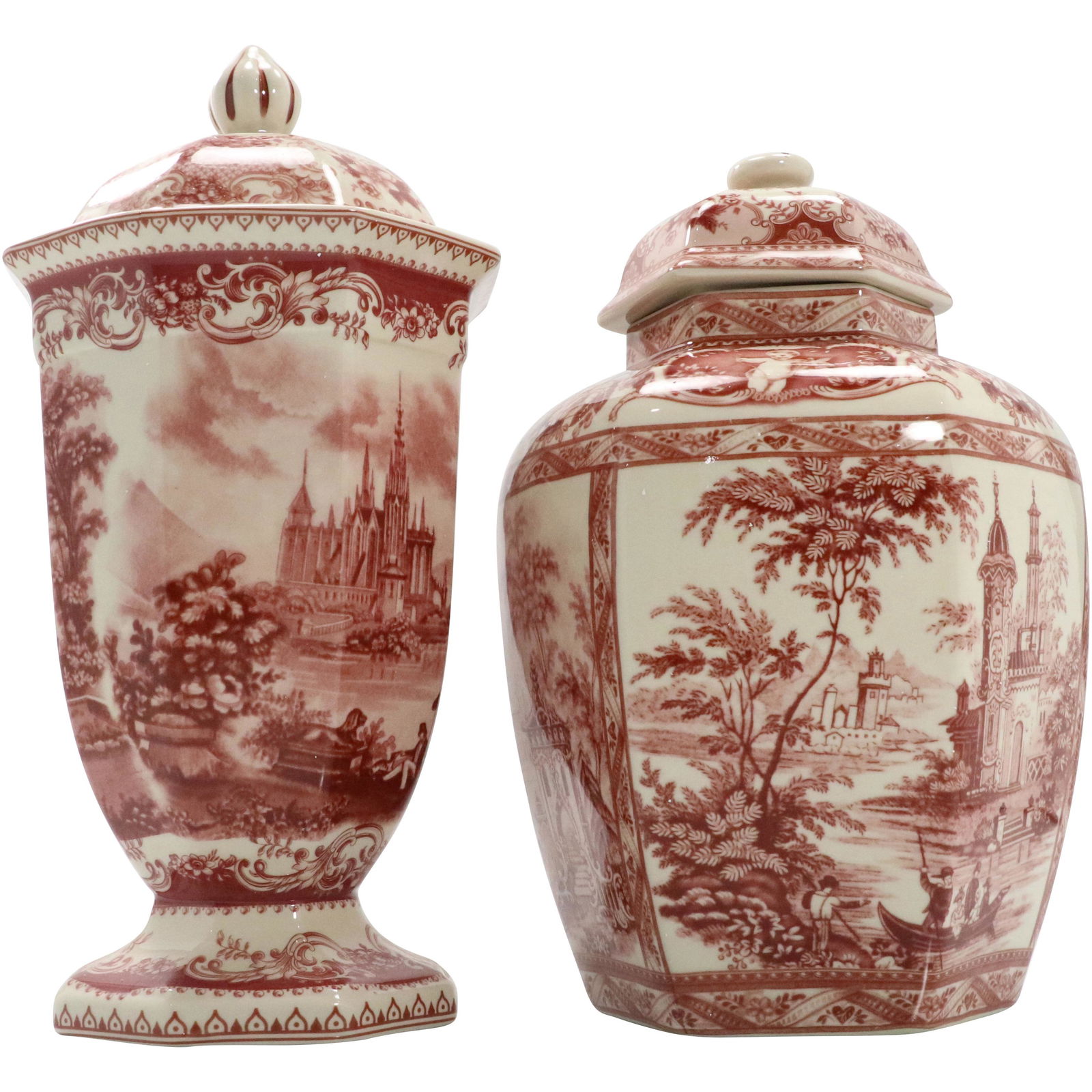 [2] English Ironstone Red Transfer Scenic Covered Urns (1 of 10)