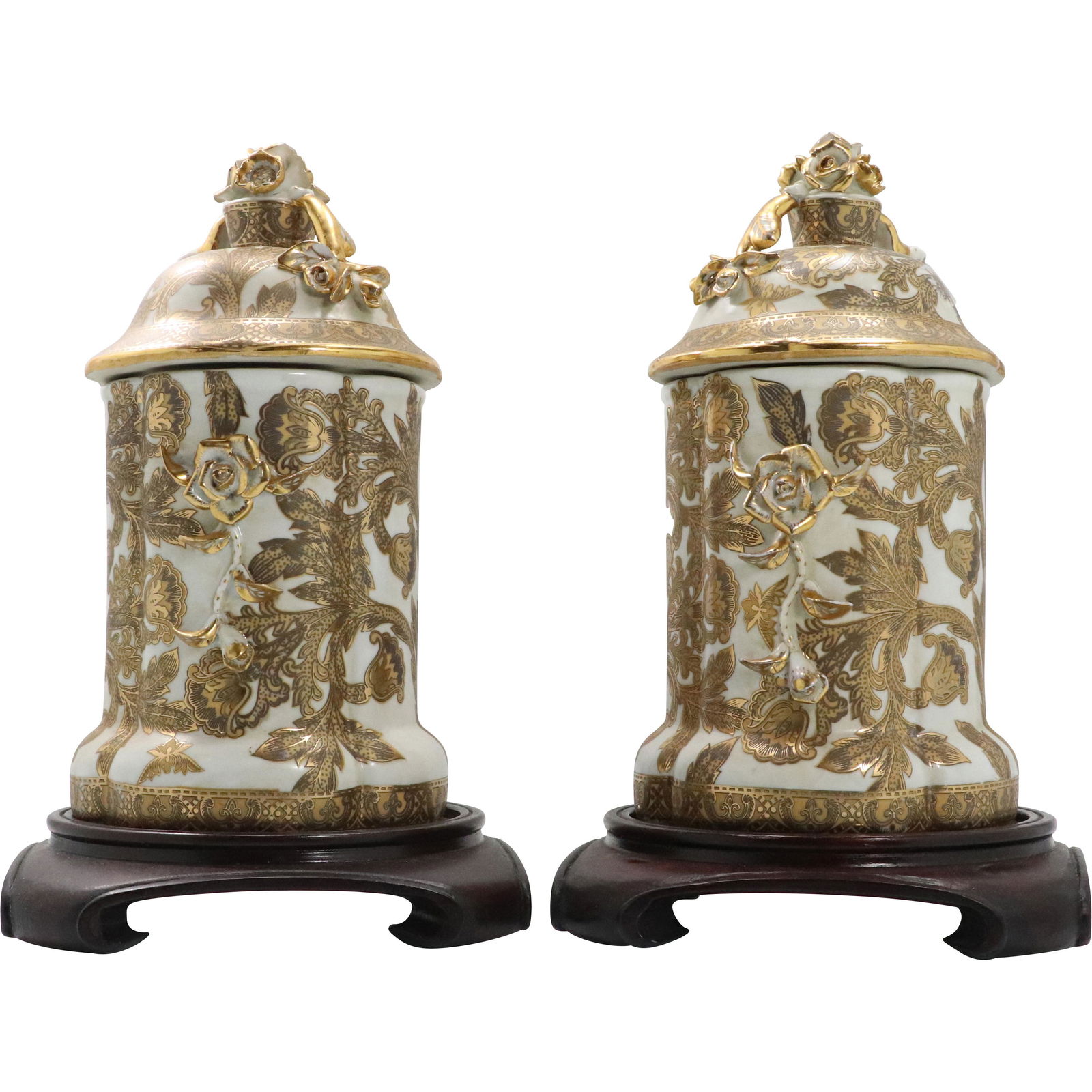 [2] Chinese Porcelain Covered Temple Urns Gold & White (1 of 8)