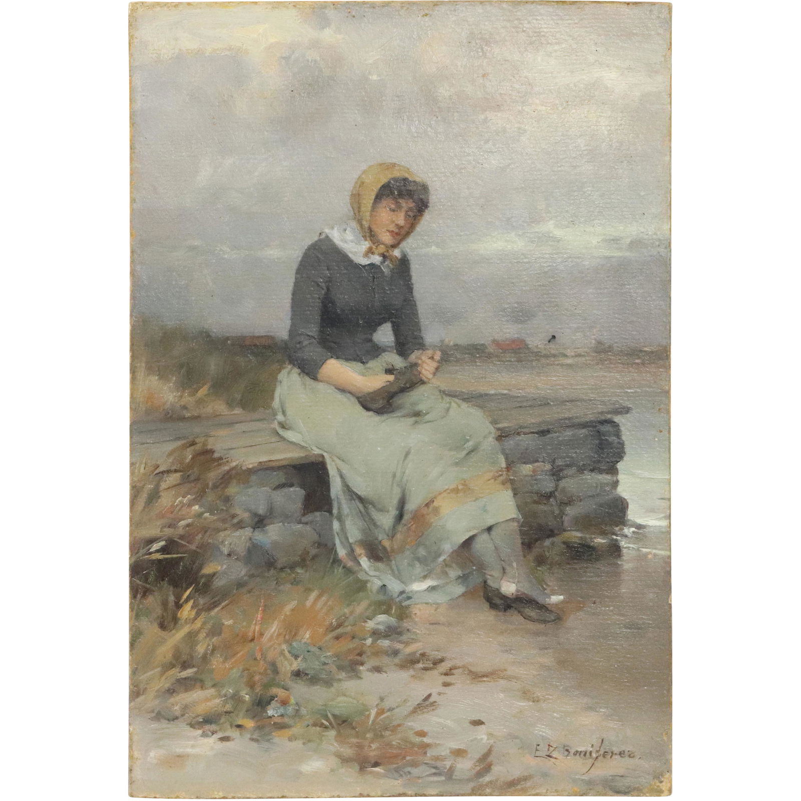 E Z Boniferez, 19th C. Oil/b Seated Woman Holding Shoe (1 of 8)