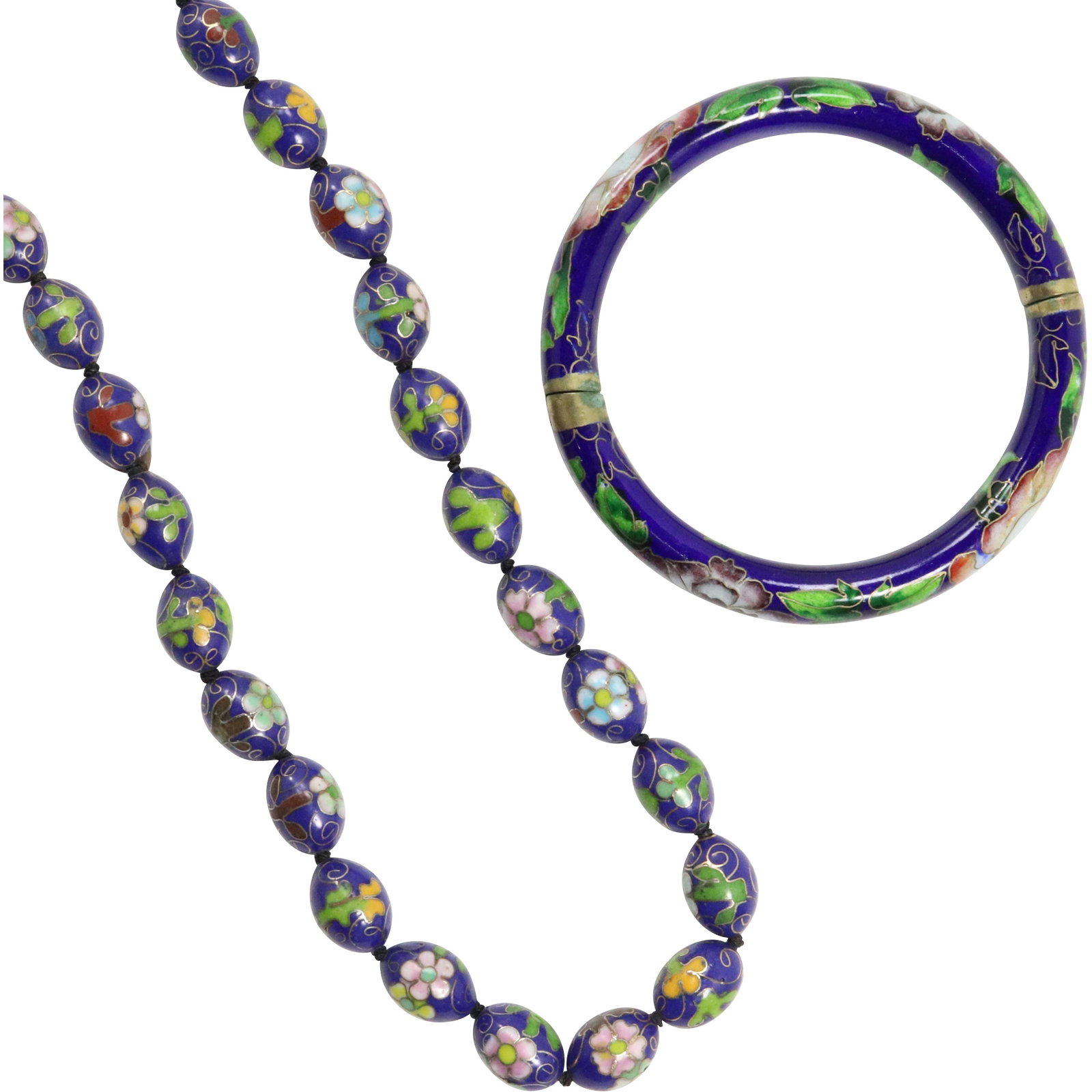 Cloisonne Bracelet and Cloisonne Necklace: Cloisonne Bracelet and Cloisonne Necklace. Size: bracelet 3 3/8 in. ; necklace 36 in. x 1/2 in.