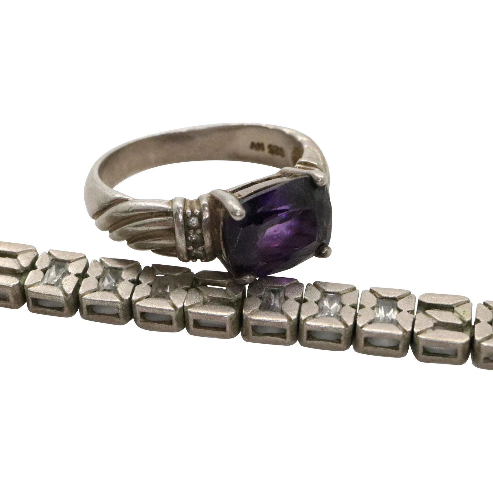 .925 Sterling CZ Box Link Bracelet & .925 Amethyst Ring (1 of 12)