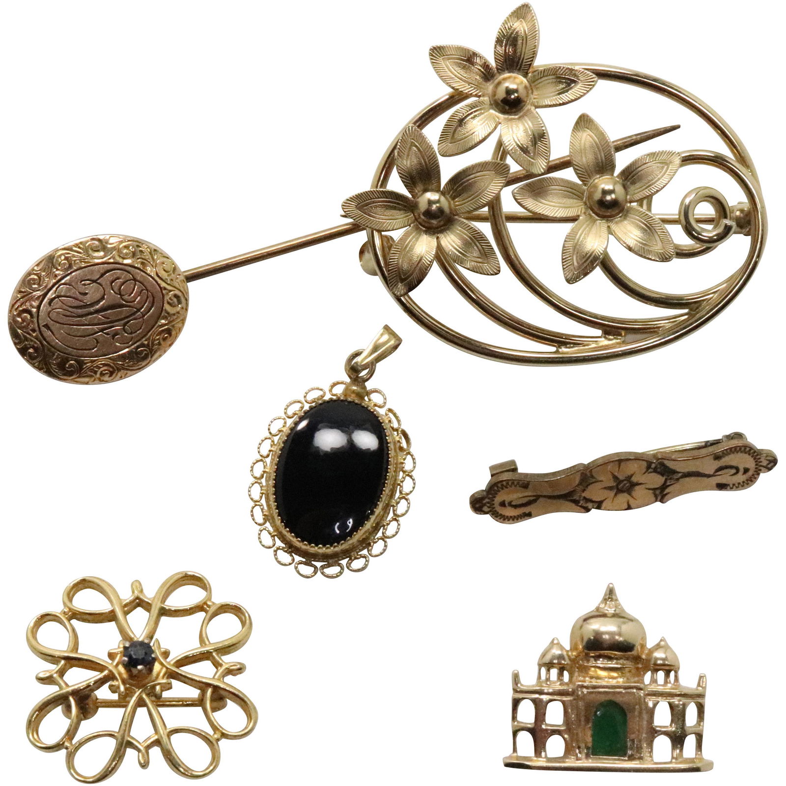 6 Pcs. 10K Pendant, 12KGF Pin, 10K Blue Sapphire Pin,: 6 Pcs. 10K Palace Pendant, 12KGF Pin, 10K Blue Sapphire Pin, 10KGF [tested] Small Bar Pin; 12KGF Black Onyx Pendant; 14K [tested] Stick Pin. Size: 1/2 in to 1 3/8 in.