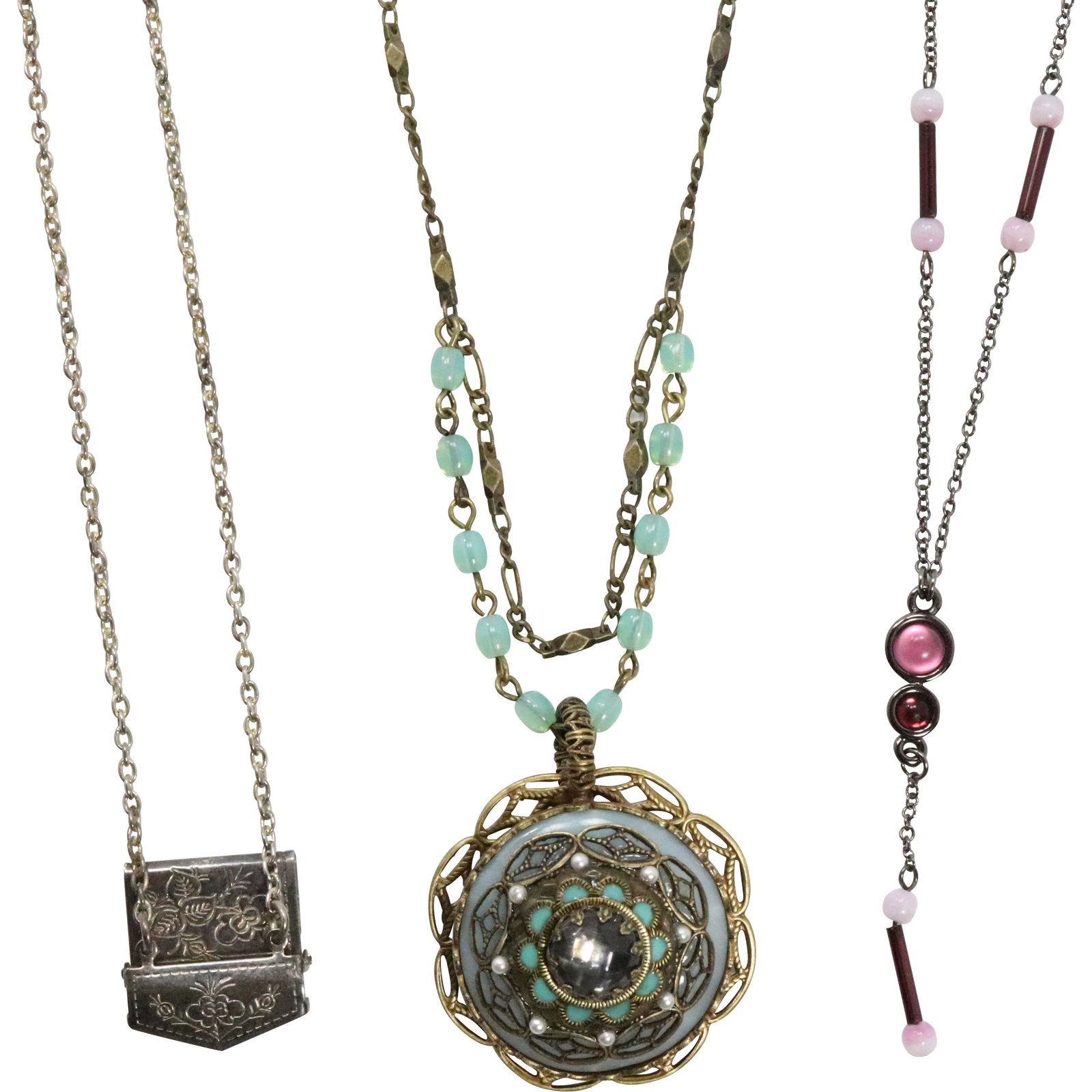 3 Assorted Necklaces: Ollipop, Monet, Envelope Pendant: 3 Assorted Necklaces: Ollipop 1 3/4 in. x 1.5 in. ; 22 in. chain; , Monet 16 in. x 2 in. ; Envelope Pendant 1/2 in. x 3/4 in. , chain 16 in.