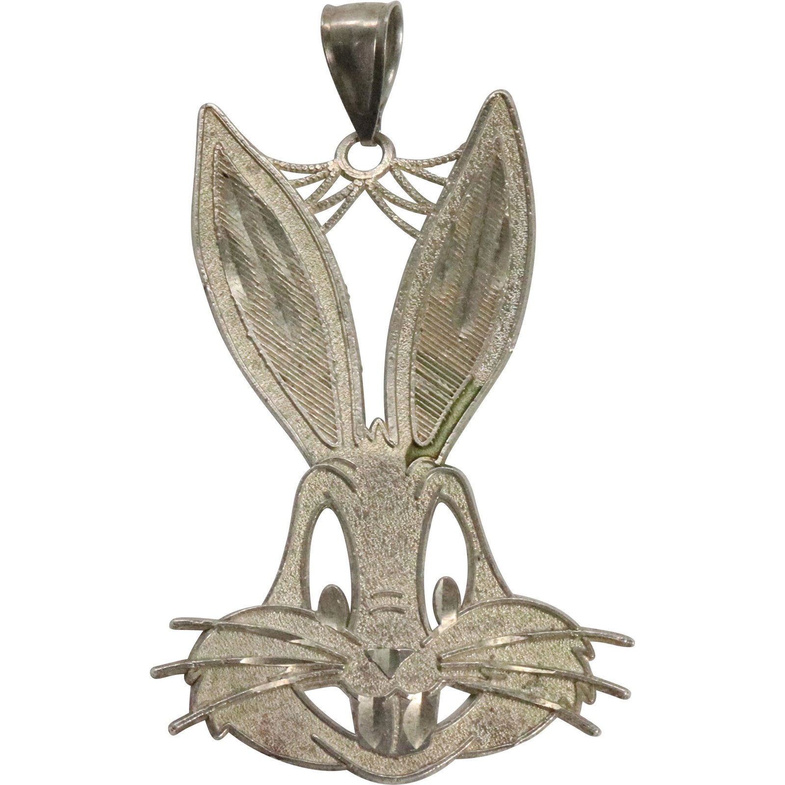 BUGS BUNNY Silver Metal Pendant, .925 Sterling Bail: BUGS BUNNY Silver Metal Pendant [low grade silver tested], .925 Sterling Bail. Size: 3 in. x 2 in.