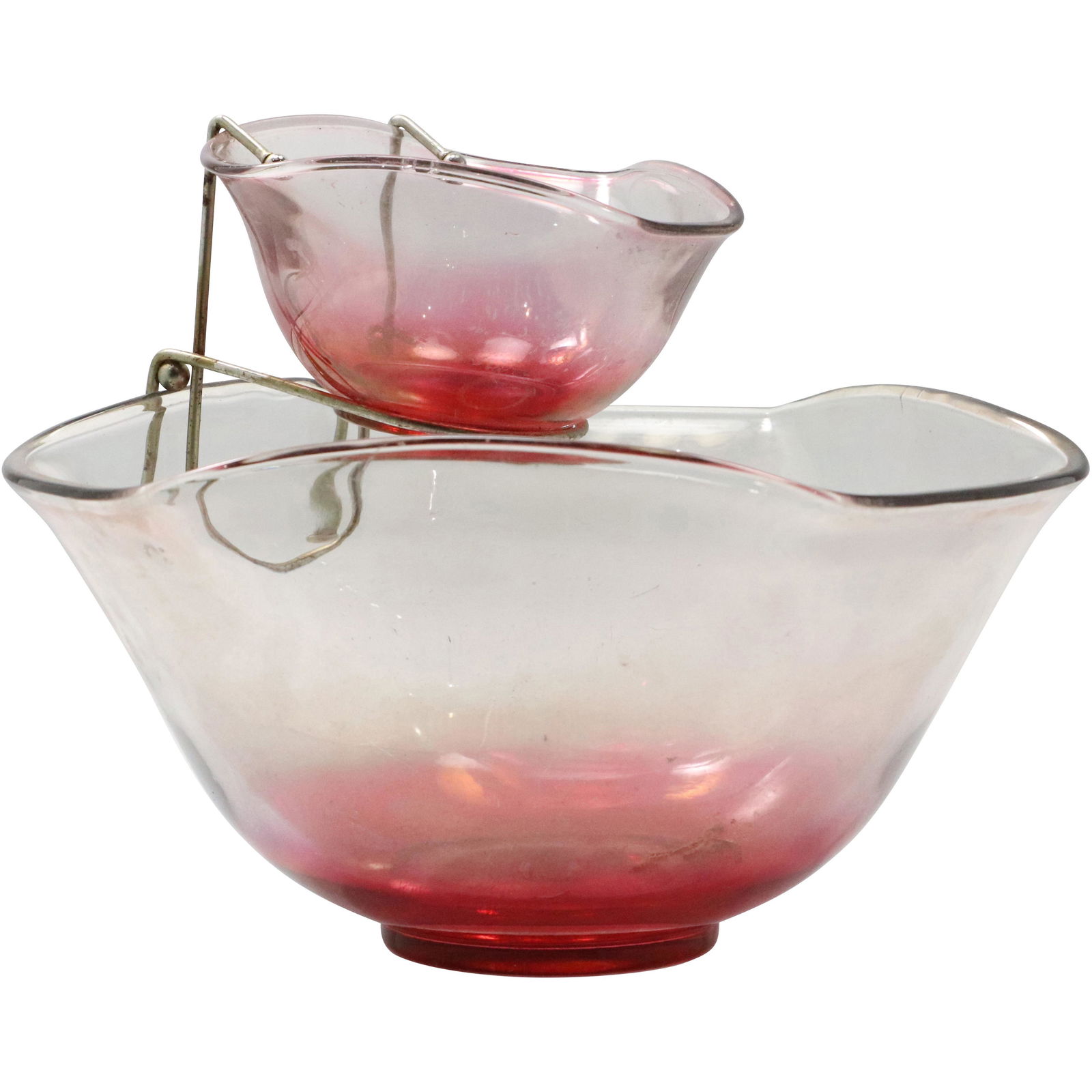 Mid-Century Glass Chip and Dip Bowl Set in Metal Holder (1 of 6)