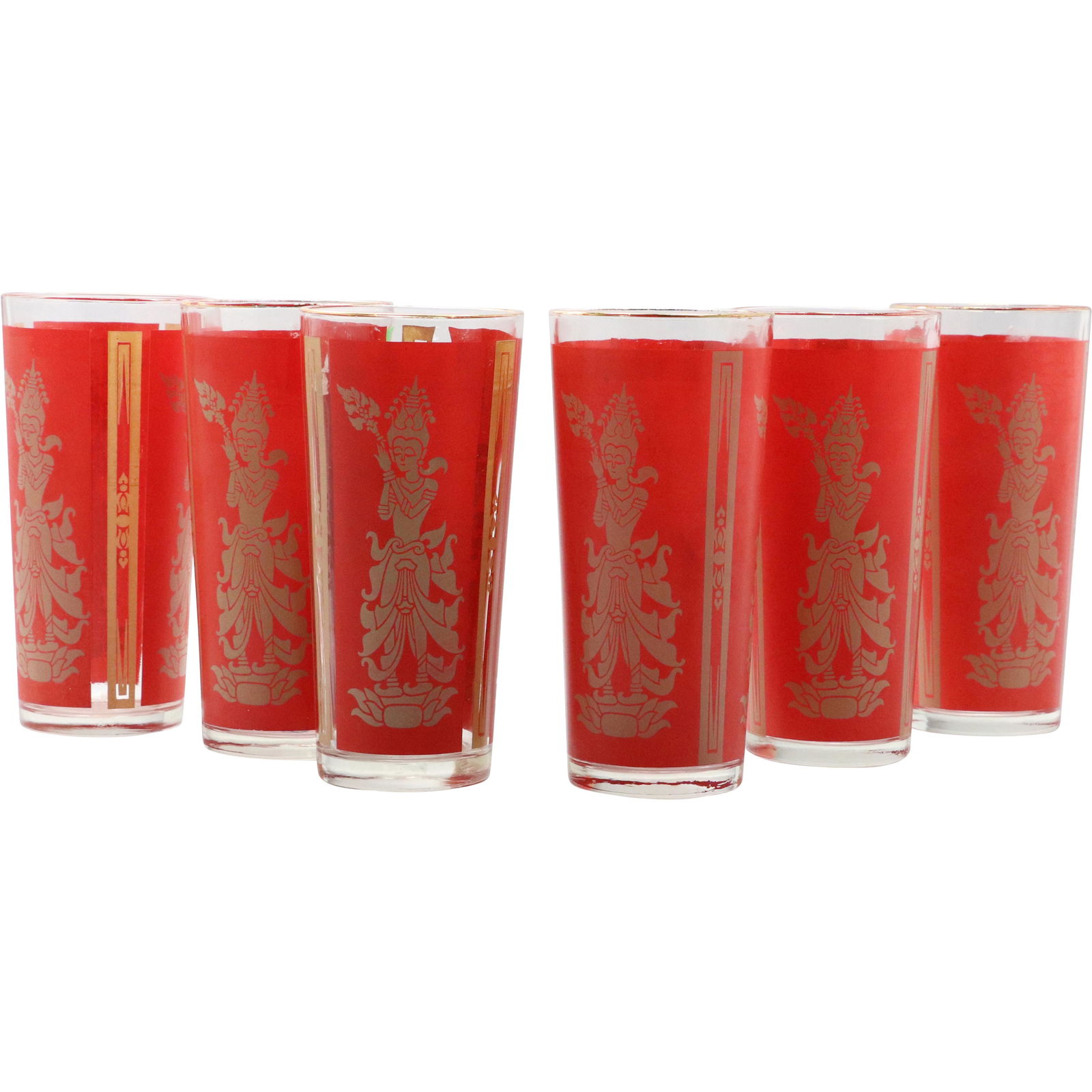 6 Mid-Century Red & Gold Goddess Tall Drinking Glasses (1 of 7)