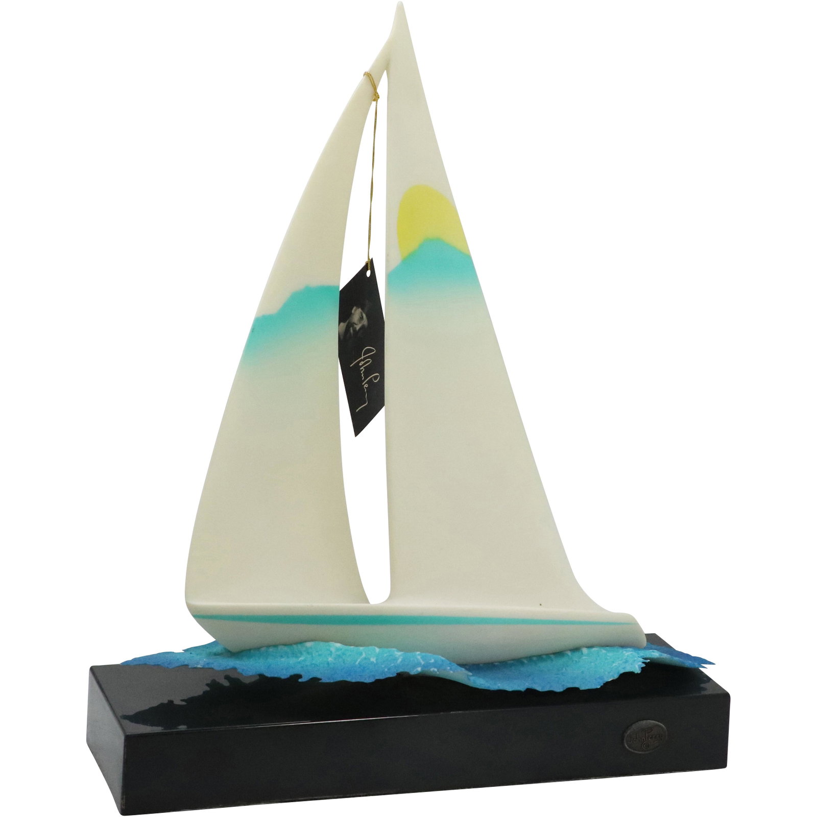 John Perry Studio, Sailboat Sloop Sculpture: John Perry Studio, Sailboat Sloop Sculpture in hard composition. Original patina finish. Size: 14h x 12w