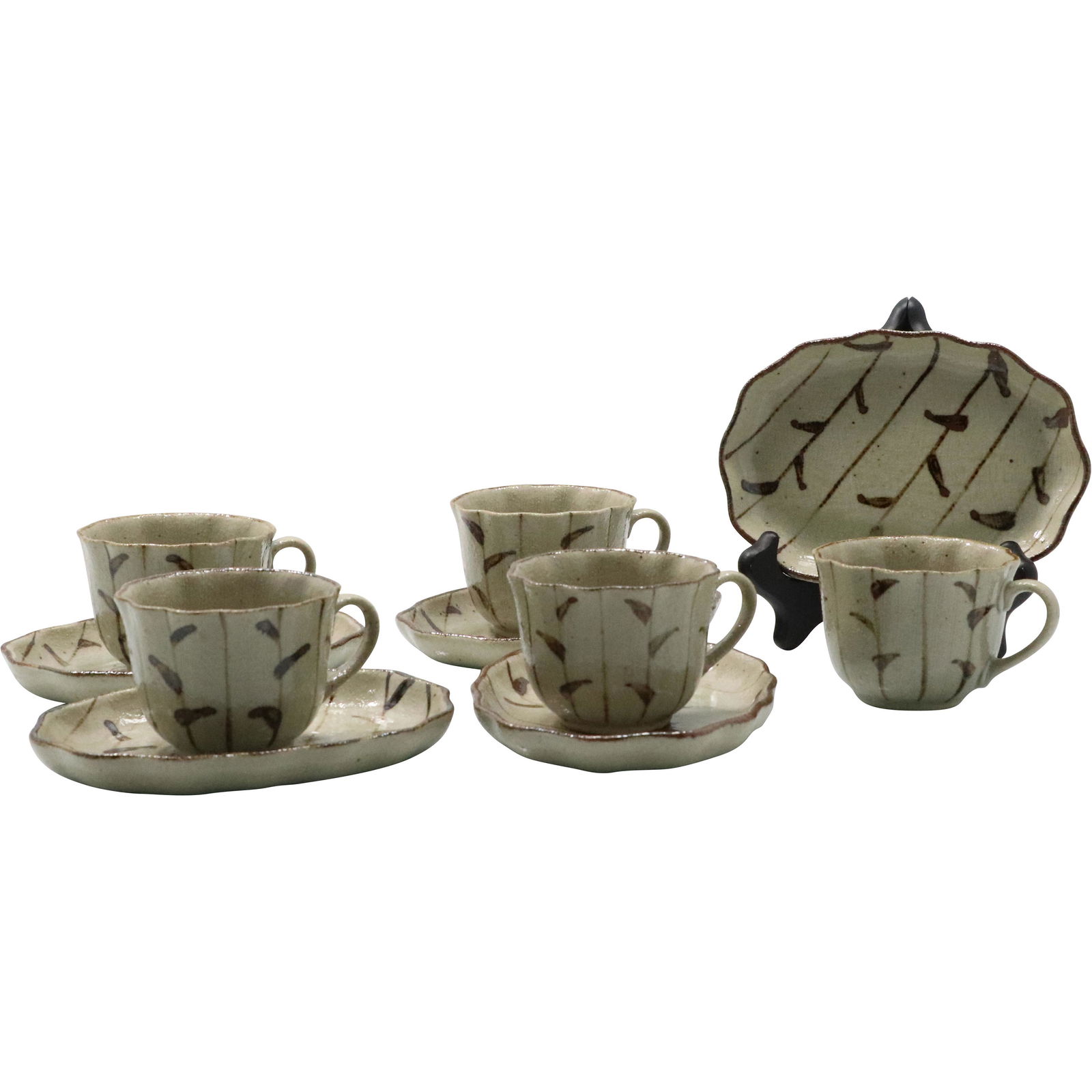 Signed Oriental Stoneware Cups Saucers and Dish Tray (1 of 9)