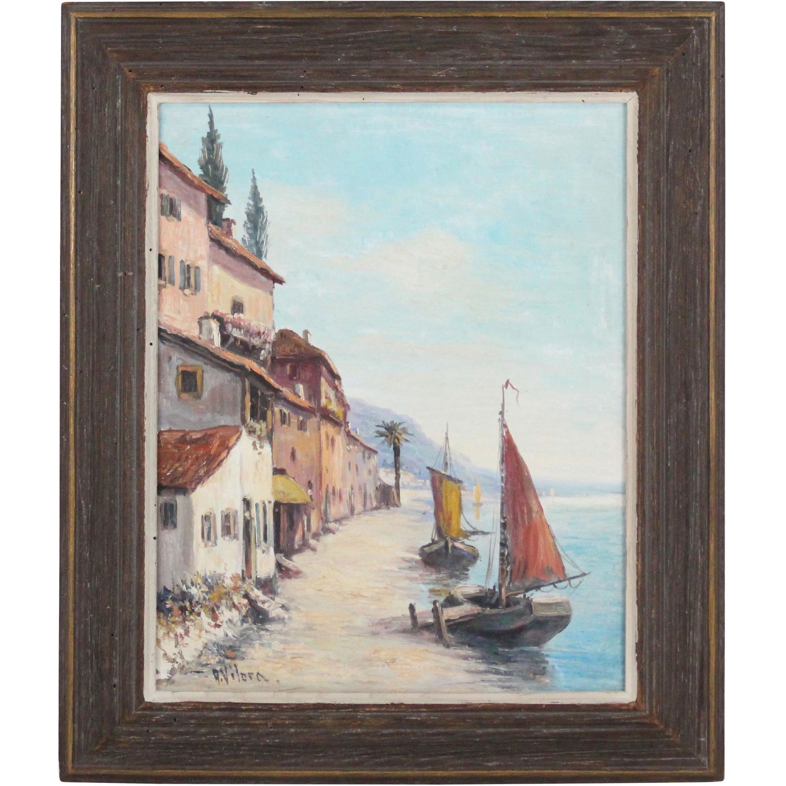A Vilora, Vintage Oil Painting Mediterranean Port Scene (1 of 16)