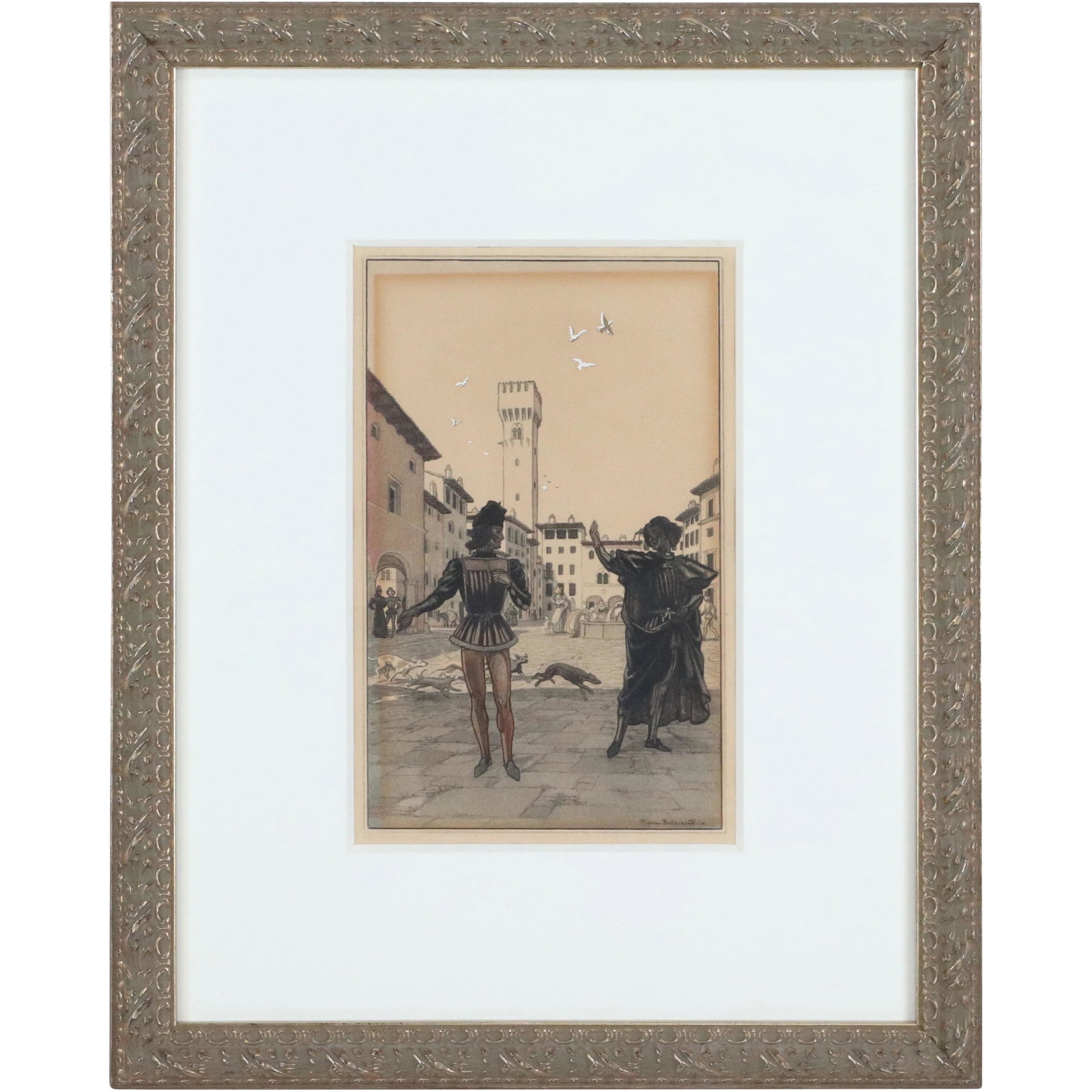 Pierre Brissaud; French Watercolor Signed: Pierre Brissaud; French Watercolor Signed. Watercolor on paper. A Parisian Courtyard. Signed lower right; 9in. X 5.5in.(image), 16in. X 13in.(outside frame)