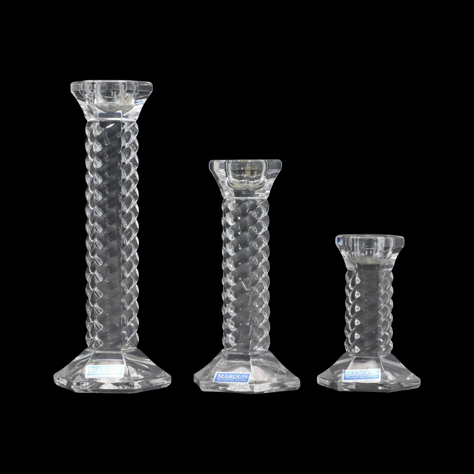 3 Marquis WATERFORD Graduated Size Crystal Candlesticks (1 of 7)