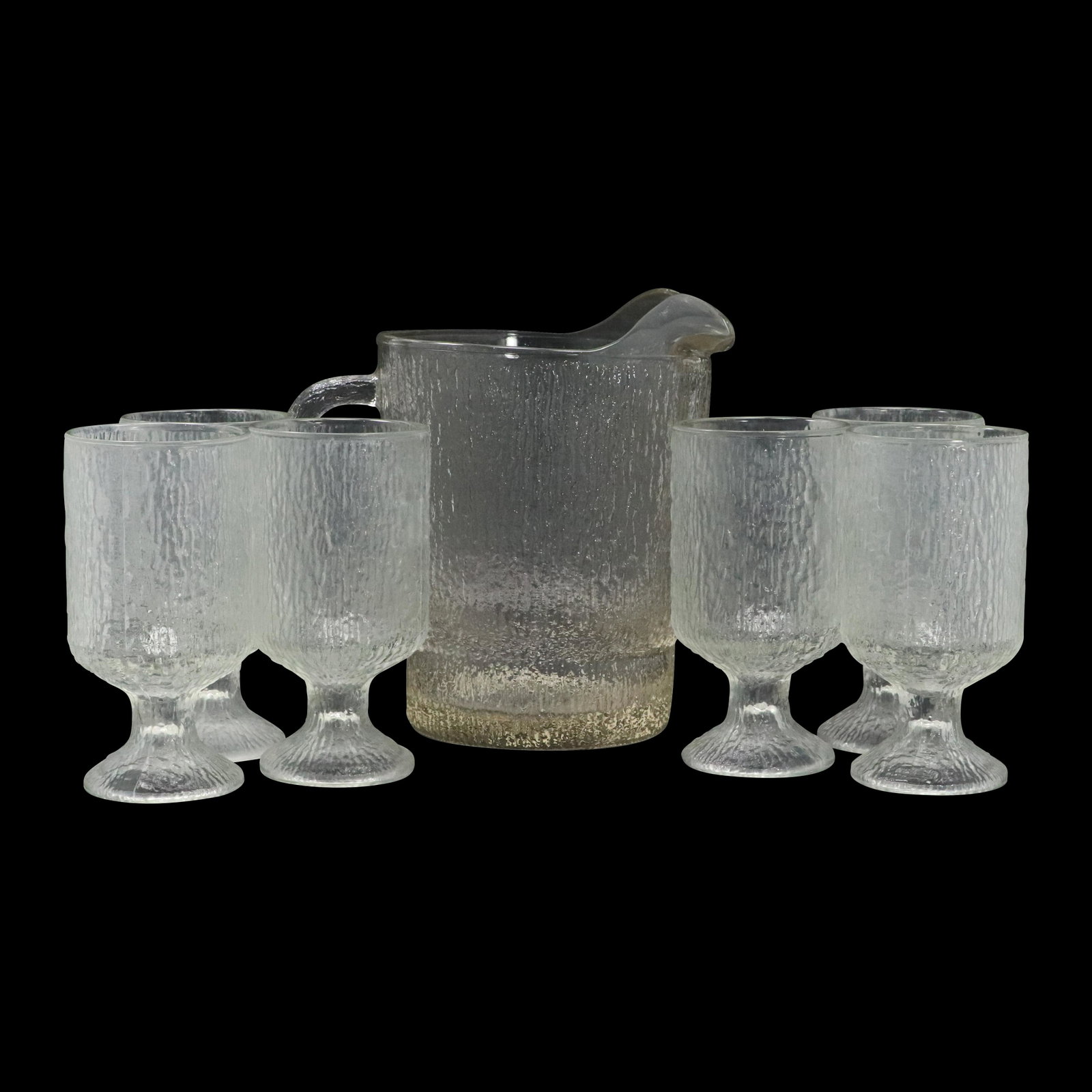 Iceberg Pattern Glass Lemonade Pitcher and 6 Goblets: Iceberg Pattern Glass Lemonade Pitcher and 6 Goblets. Vintage. Size: 8h x 8w Pitcher, 6h x 3w Glasses