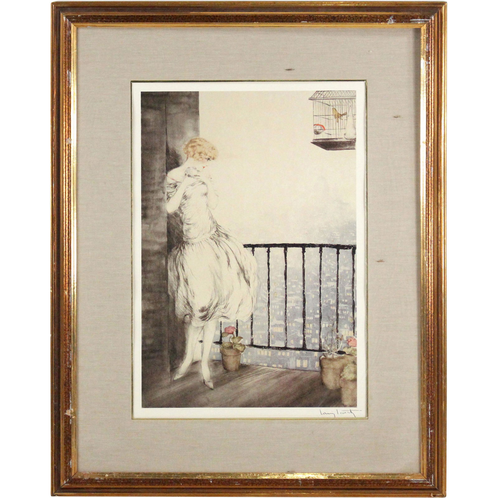 Louis Icart Print, Woman At Balcony, Birdcage, Framed (1 of 8)