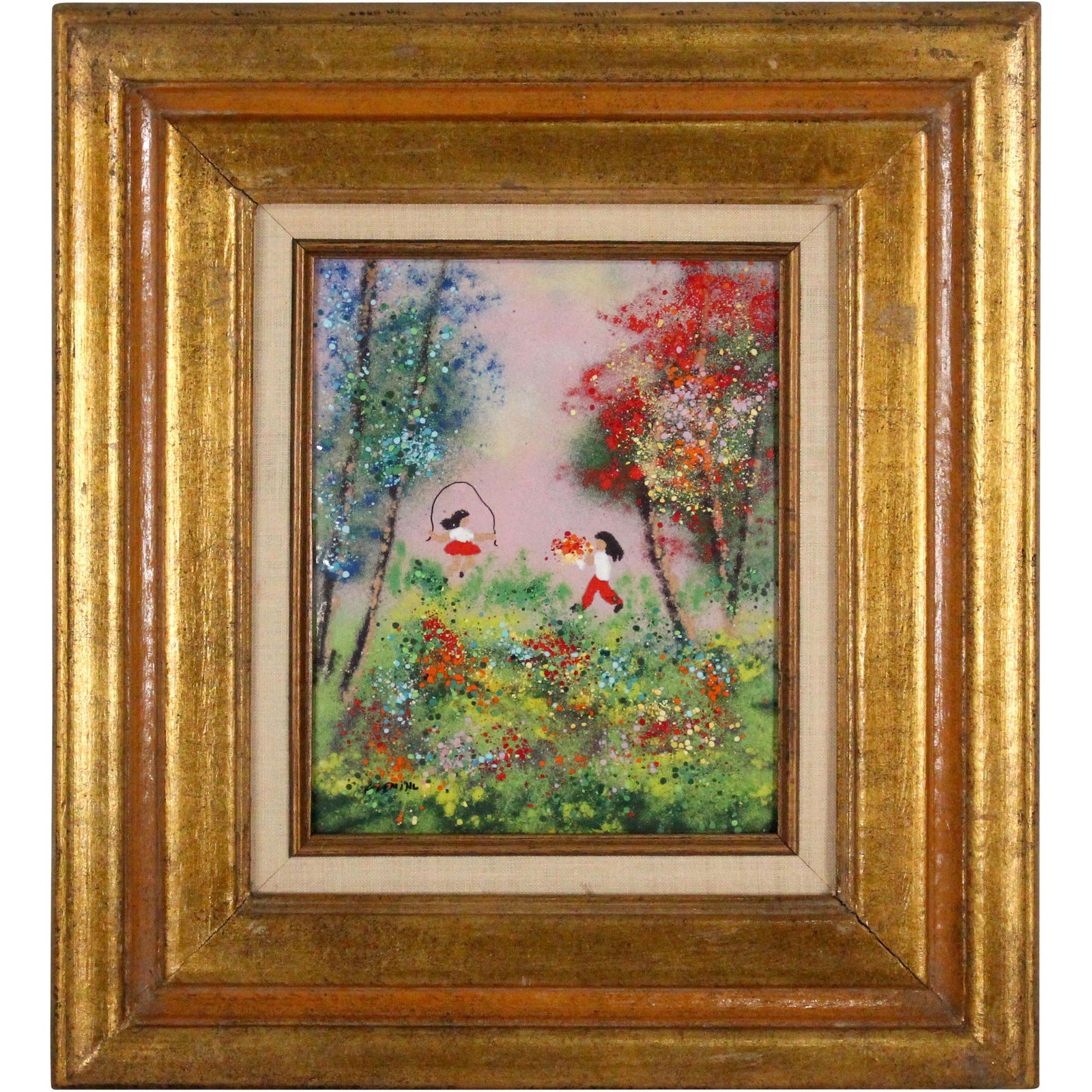 Enamel Art on Copper, Children Jumping Rope, Signed (1 of 9)