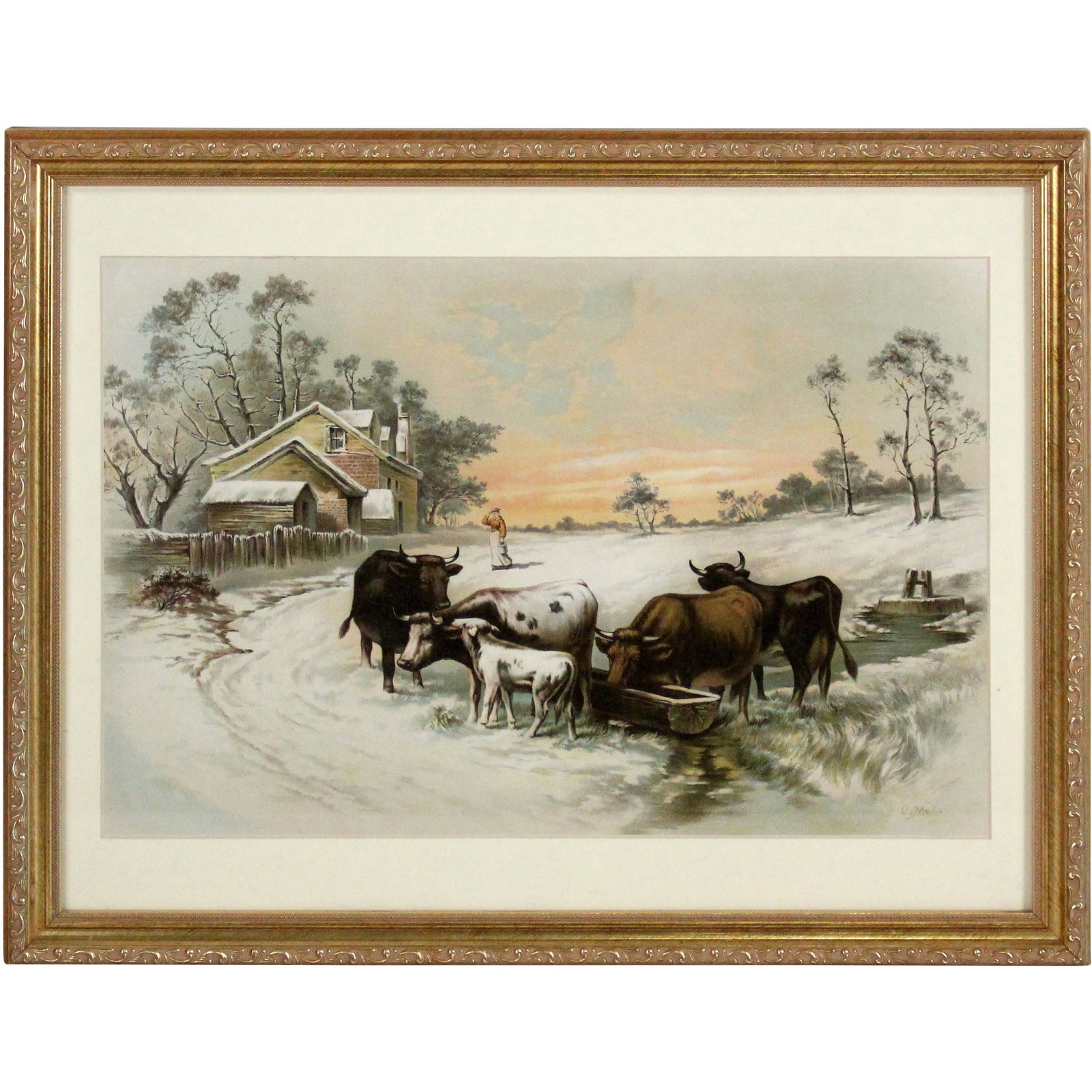 Christian Mali, Chromolithograph Morning at The Farm: Christian Mali (1832-1906), well known German landscape painter, “Morning at the Farm”, Vintage chromolithograph ca 193. Signed in plate, Framed. Size 13.5 x 19.5 inside matting, outside frame: 19