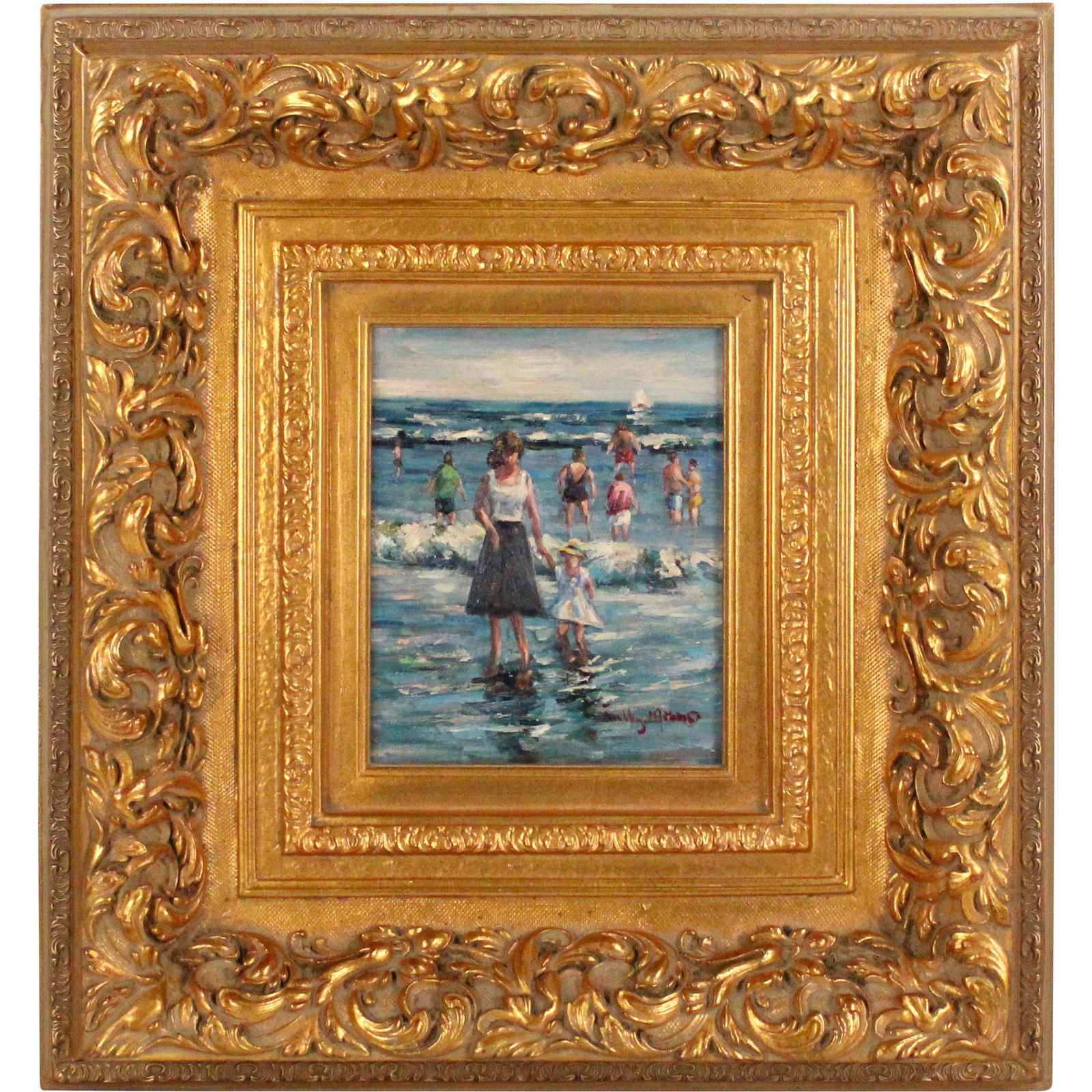 Fine 20th C. Oil Painting Figures at The Ocean Beach (1 of 12)