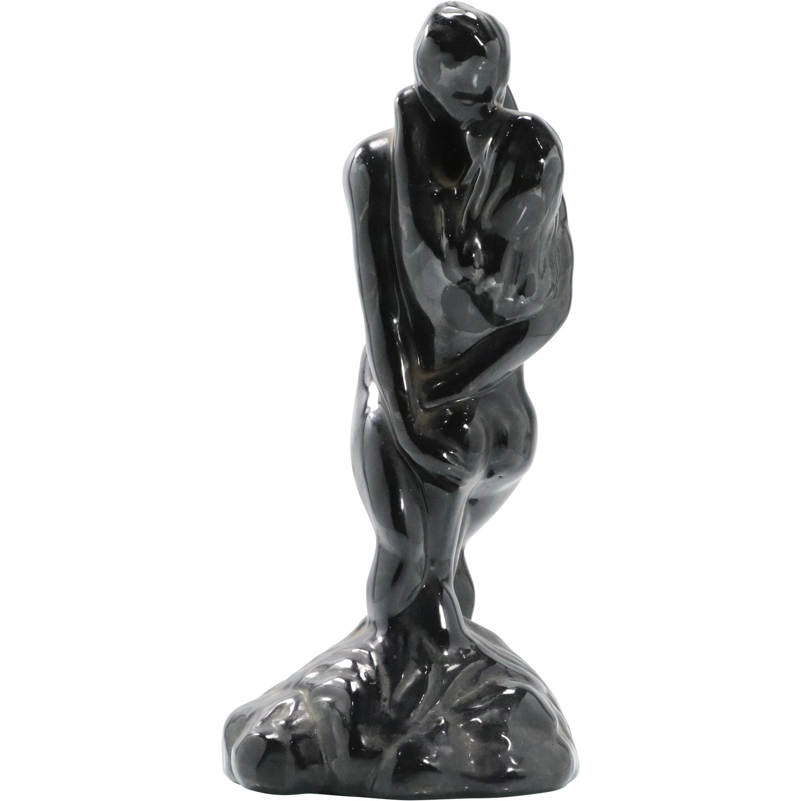 Mid-Century Black Glazed Embracing Nude Lovers Kissing: Mid-Century Black Glazed Ceramic Statue Embracing Nude Lovers Kissing. Size: 12.5 h 6 w