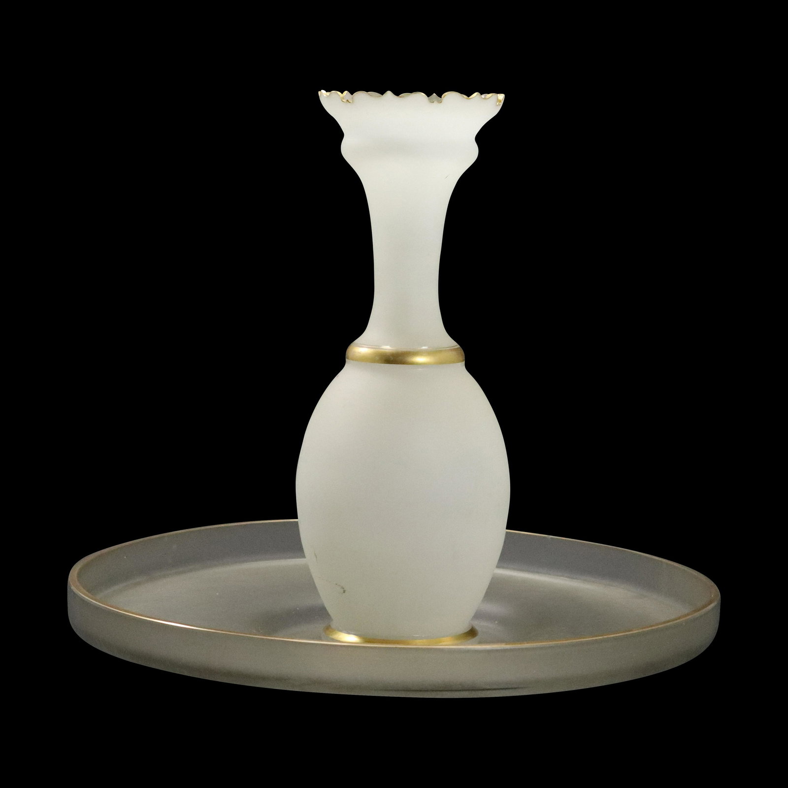 Opaque Satin Glass Vase with Round Under Tray: Opaque Satin Glass Vase with Round Under Tray. Vintage. Size: 12.5 h , 14.5 w