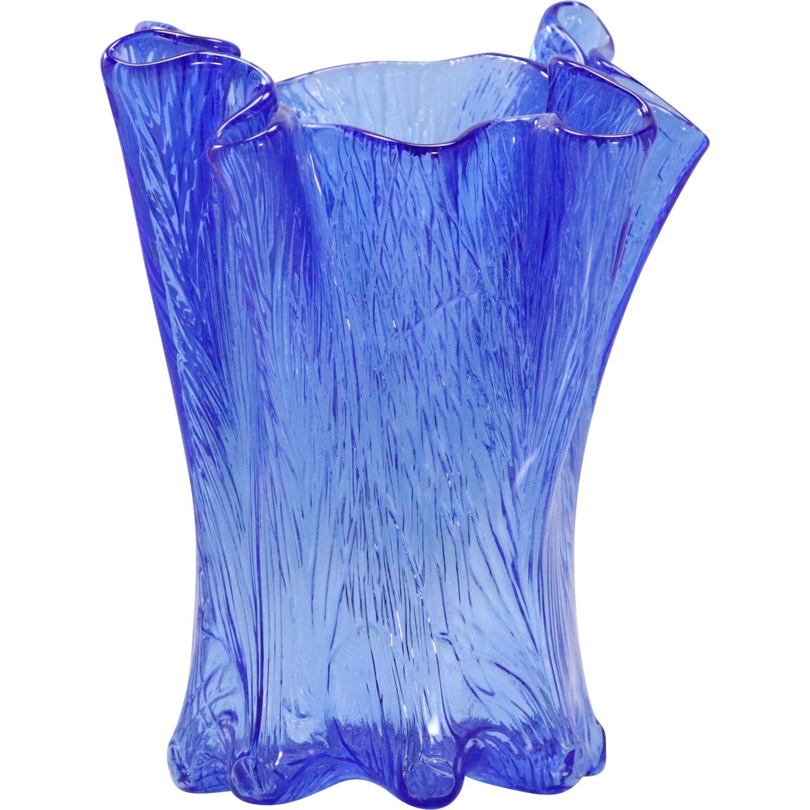 Mid-Century Blue Textured Glass Handkerchief Vase: Mid-Century Blue Textured Glass Handkerchief Vase. Size: 9 x 8