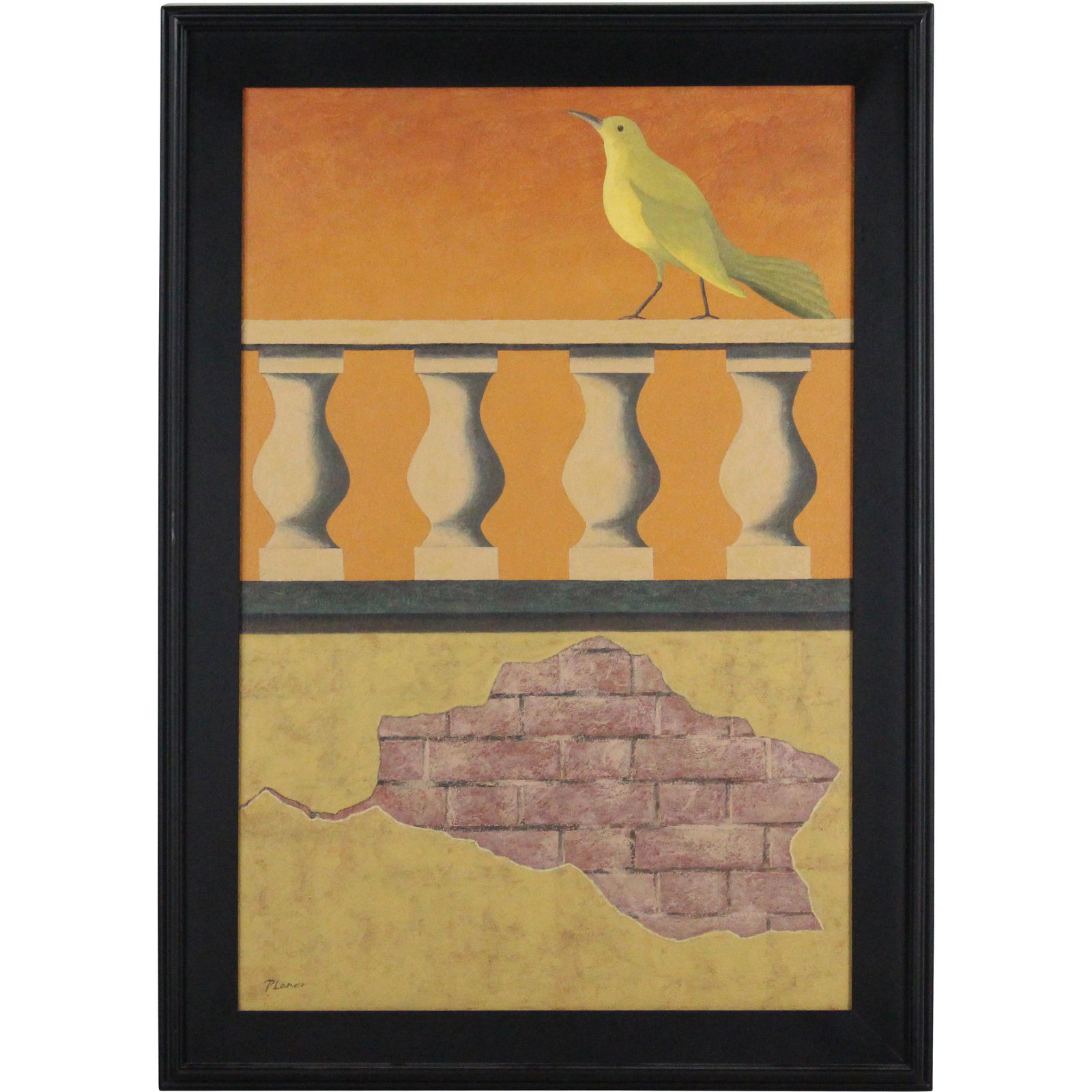 Planer, Mid-Century Oil/c Yellow Bird on Balcony Rail: Planer, Mid-Century Oil/c Yellow Bird on Balcony Rail. Oil on canvas painting, Signed, Original framing. Nice quality painting. Size: 42 x 30 frame size, 36 x 24 canvas