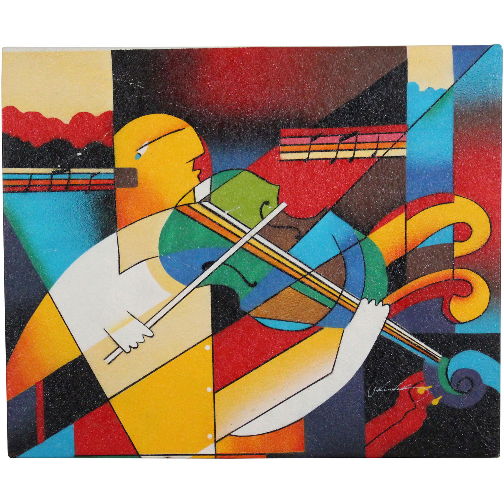 20th C Colorful Abstract Cubism Violinist Artist Signed (1 of 18)