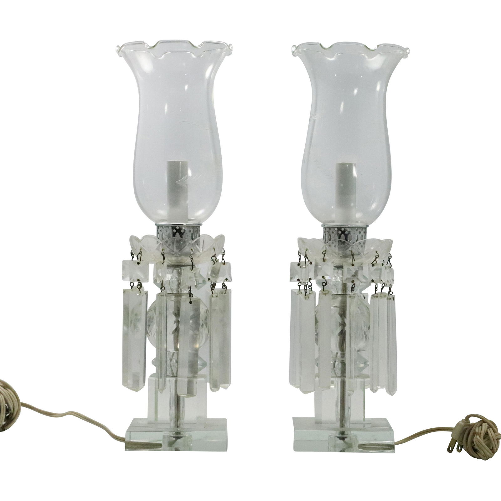 Pair Crystal Glass Prisms Hurricane Lamp, Glass Shades (1 of 9)