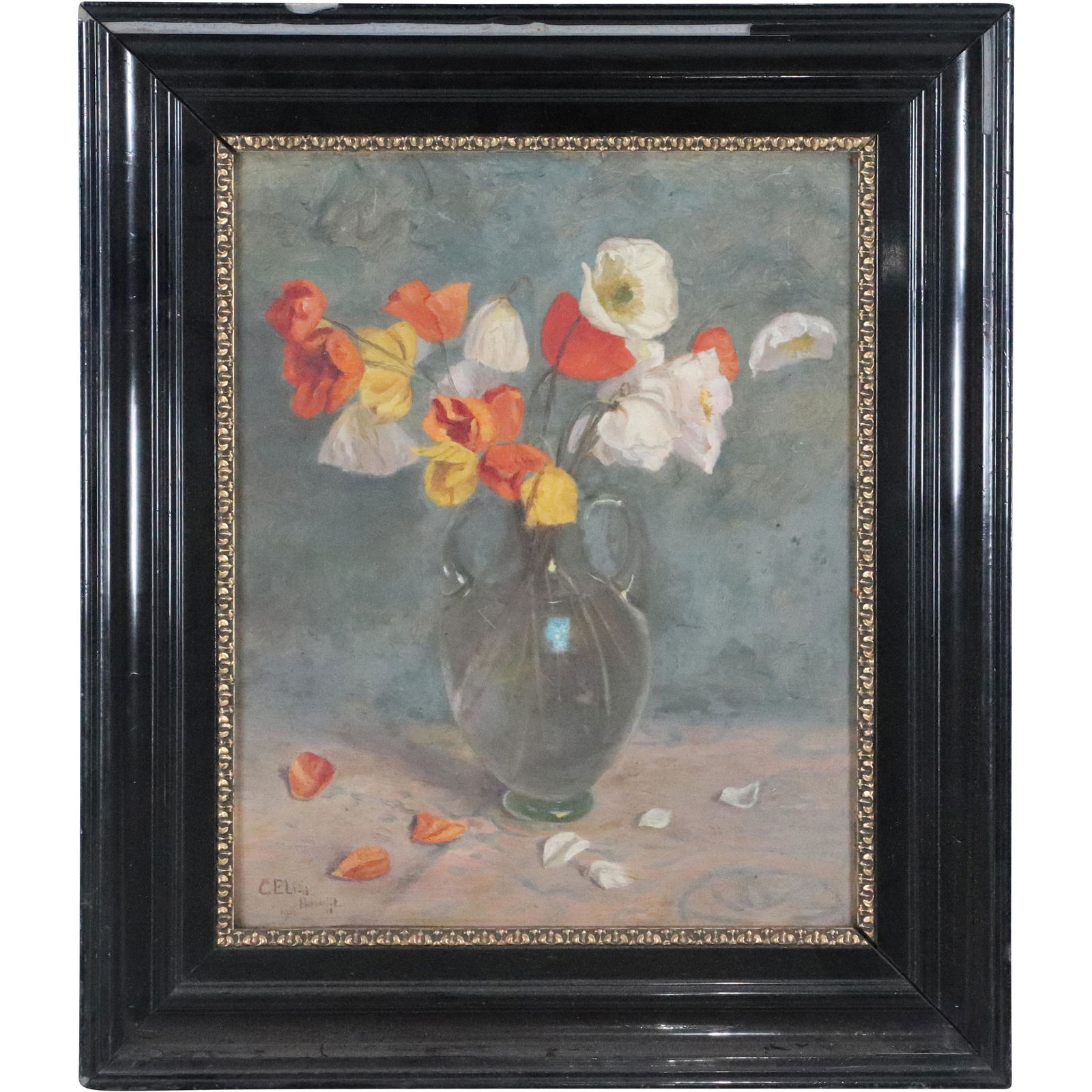 Dutch School 1916, Still Life Oil on Canvas Painting: Dutch School 1916, Still Life Oil on Canvas Painting. Flowers in vase. Signed illegible. Framed. Size: 13.5 h x 10.5w with frame: 18.5h x 15.5w