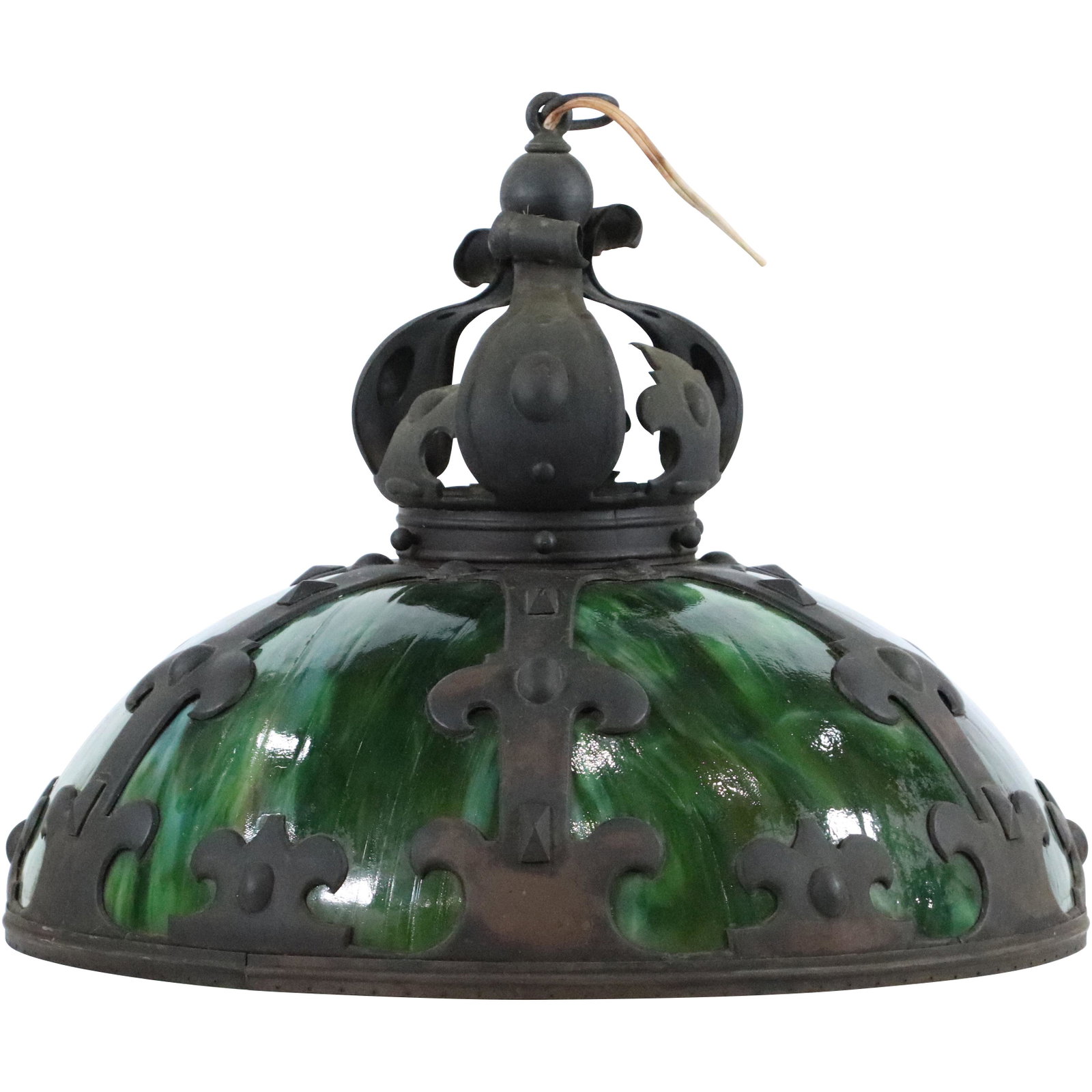 Fabulous Mission Arts & Crafts Curved Green Slag Dome: Fabulous Mission Arts & Crafts Curved Green Slag Dome chandelier. Heavy masculine iron frame. Glass all good. Moorish Design. Size: 22h x 23w