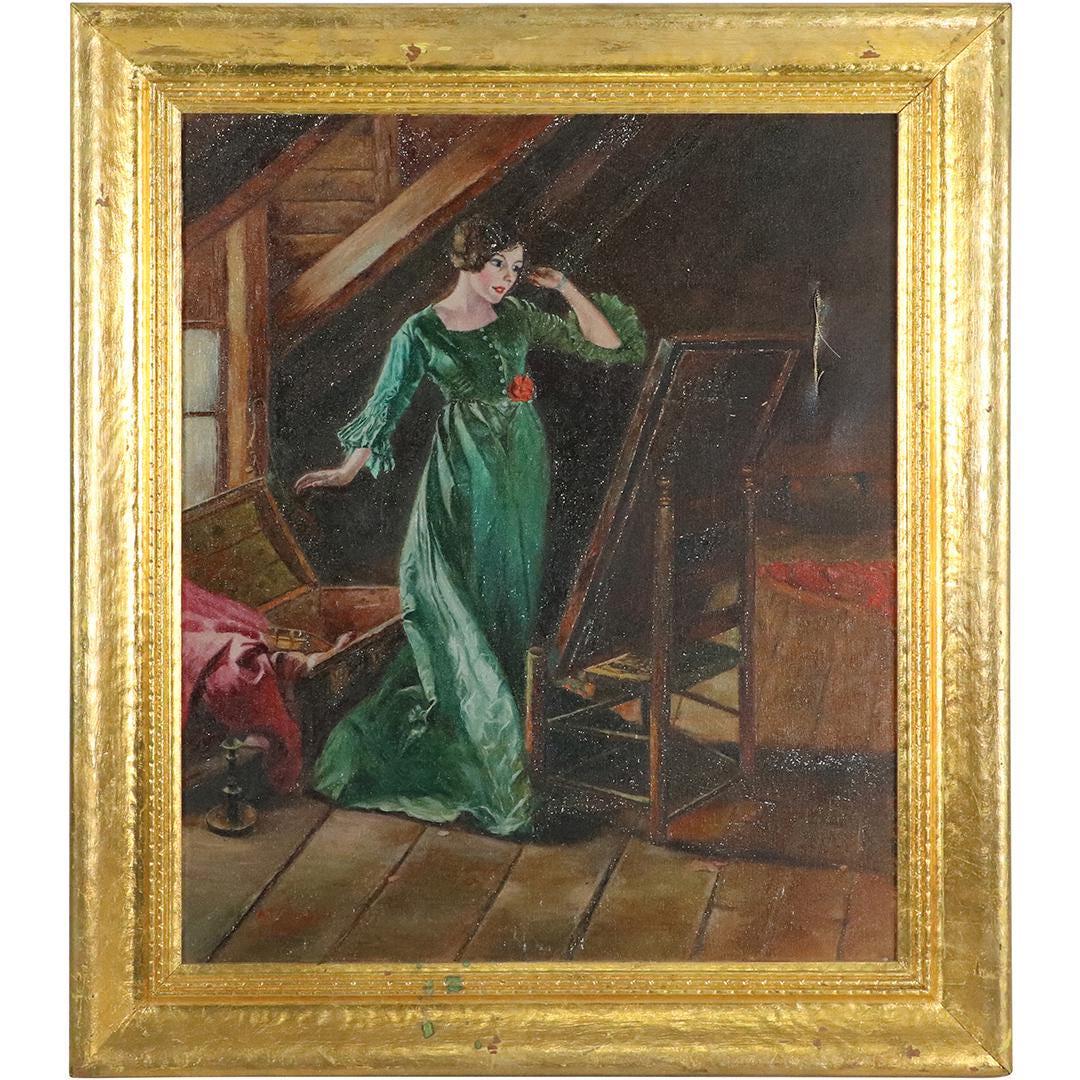 A J Gorchski, O/c Vain Woman in Attic Looking at Mirror: A J Gorchski, O/c Vain Woman in Attic Looking at Mirror. Oil on canvas. Antique. Framed. Signed. Size: 24x20 image, 29.5x25.5 outside frame