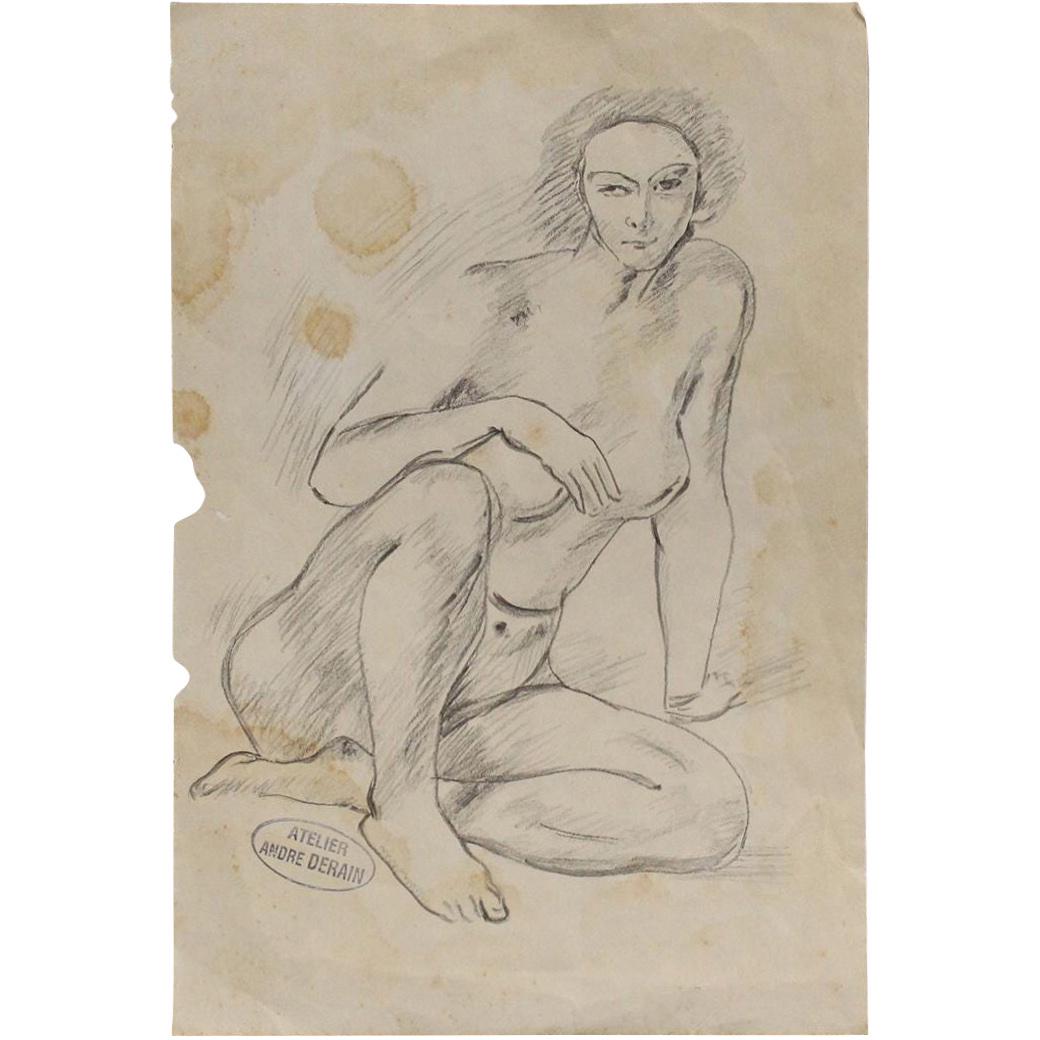 Andre Derain Pencil Drawing Nude Girl Estate Stamp: Andre Derain Pencil Drawing Seated Nude Girl with Estate Stamp. Size: 11.5 x 7.75 inches