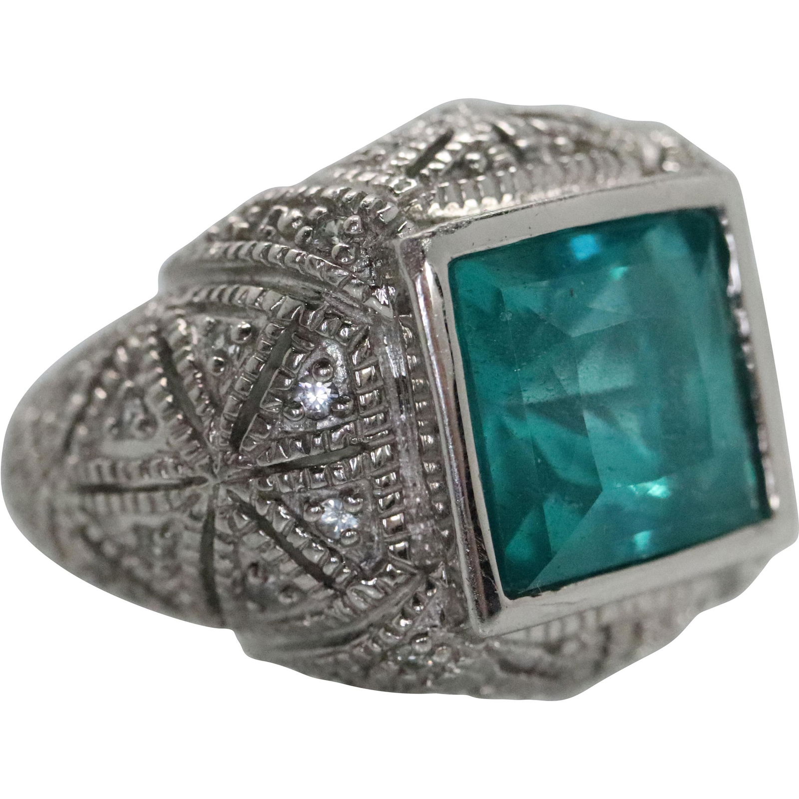 .925 Sterling Emerald Aqua with Diamonds Men's Ring (1 of 5)